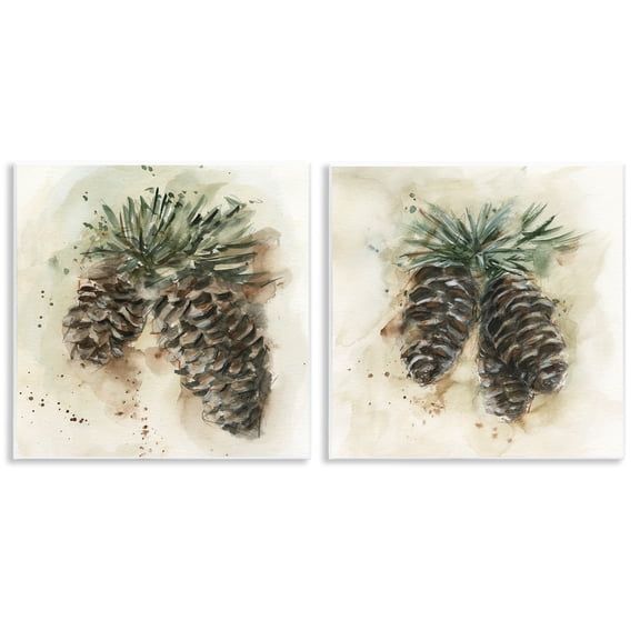Stupell Industries Watercolor Drawing Pine Cones Plants & Flowers Painting Unframed Art Print Wall Art, 12 x 12, Set of 2