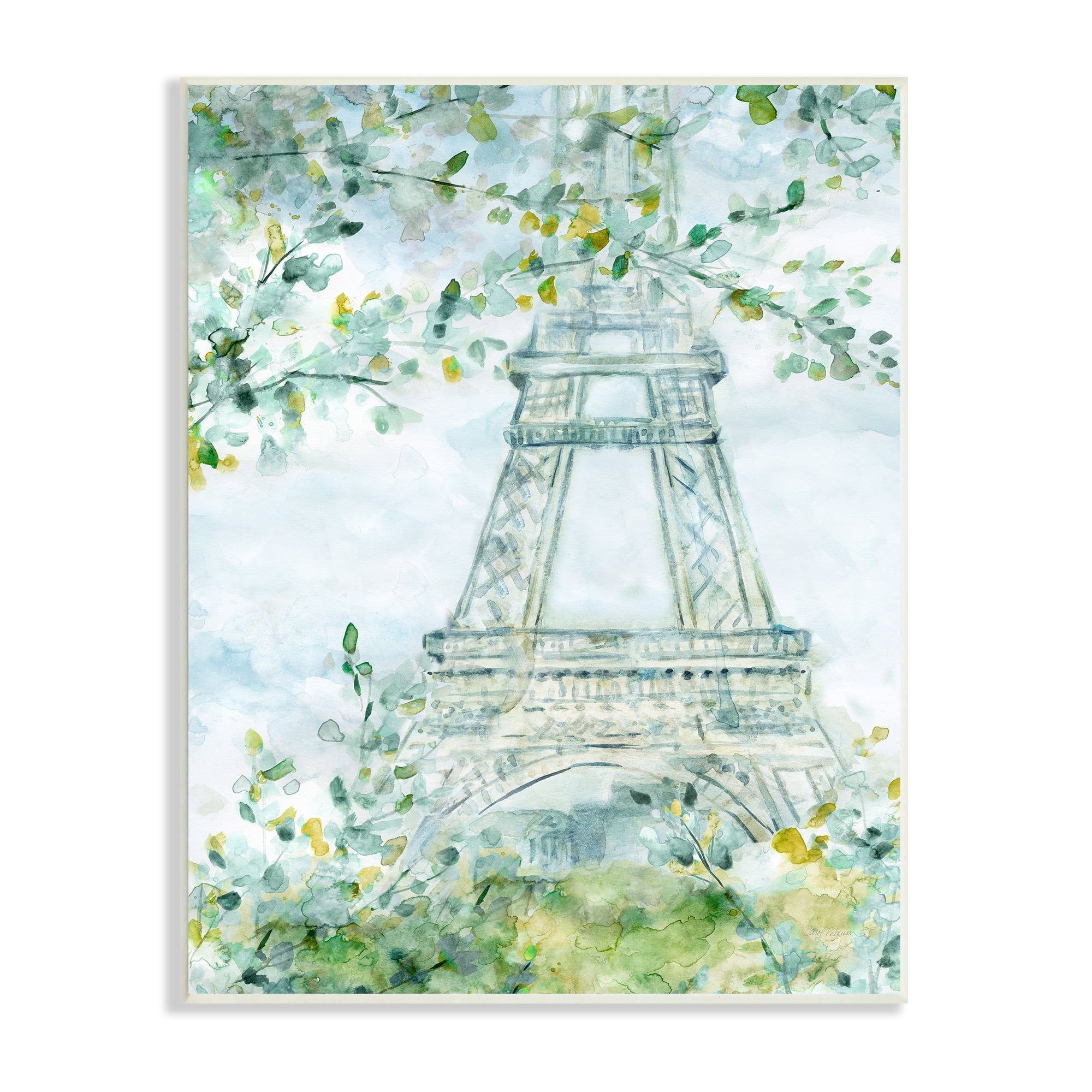Stupell Industries Watercolor Eiffel Tower Painting Soft Green Leaf Trees, 10 x 15,Design by Carol Robinson