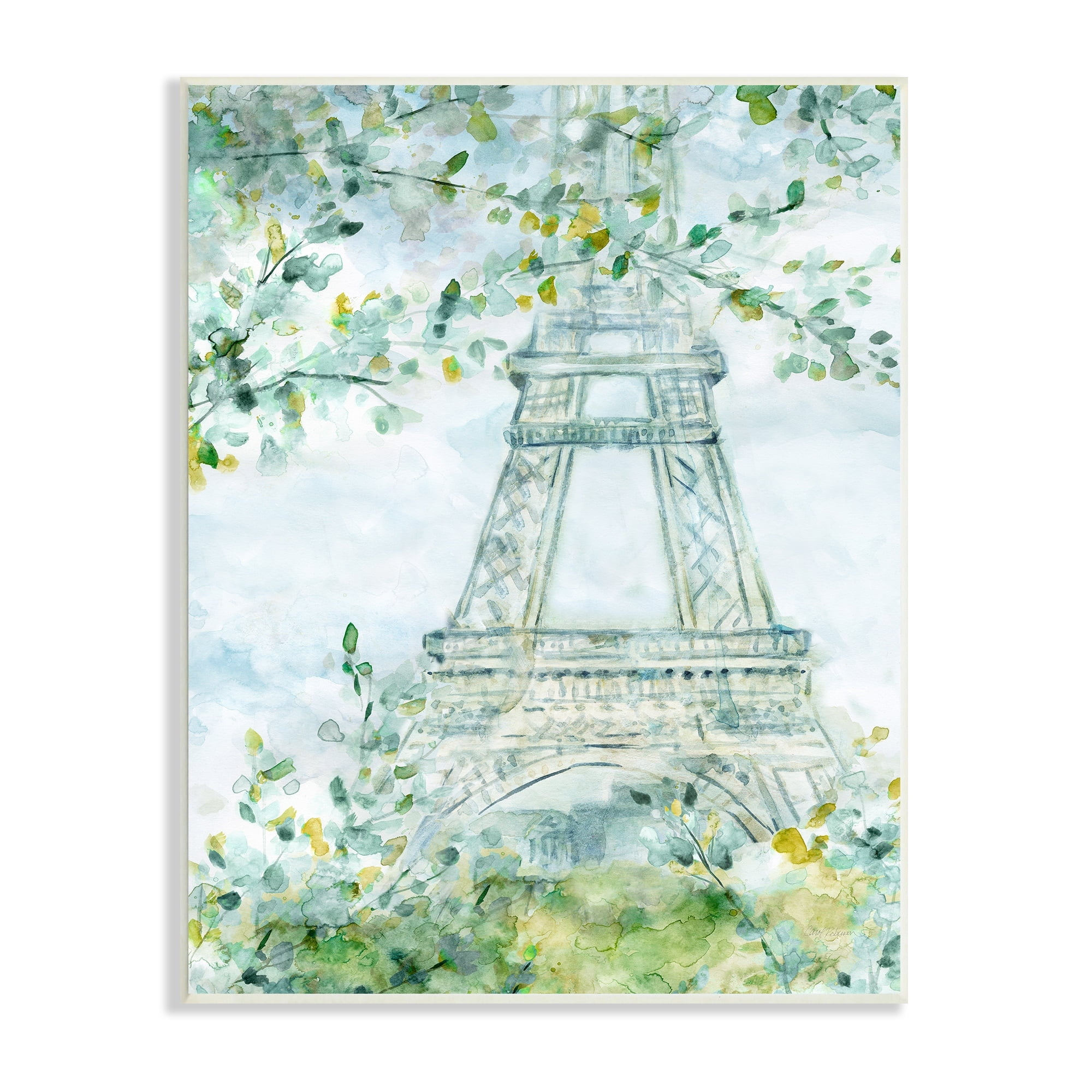 Stupell Industries Watercolor Eiffel Tower Painting Soft Green Leaf Trees, 13 x 19,Design by Carol Robinson