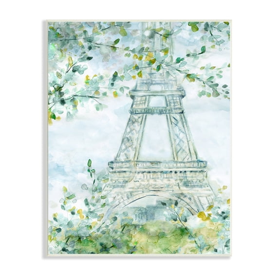 Stupell Industries Watercolor Eiffel Tower Painting Soft Green Leaf Trees, 13 x 19,Design by Carol Robinson