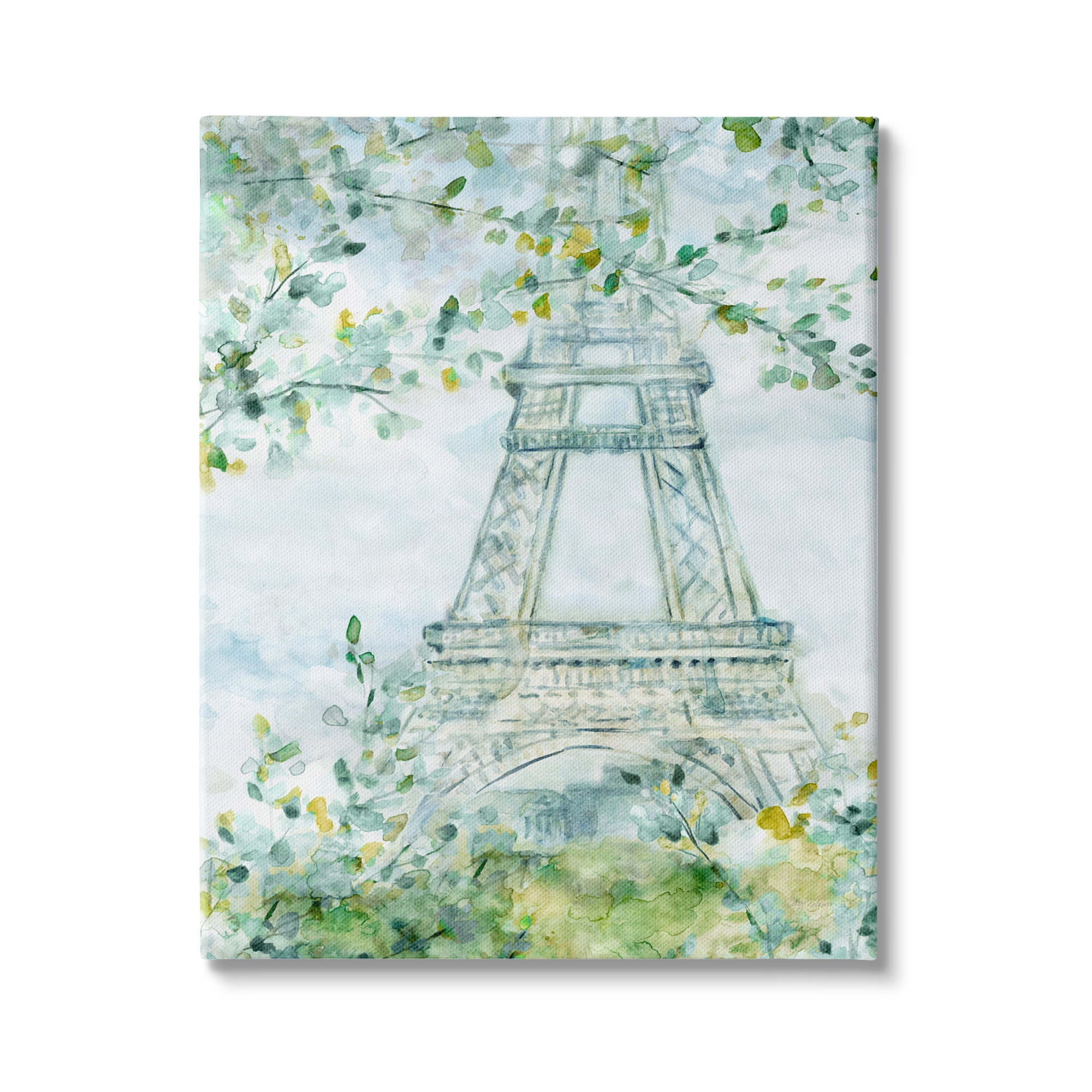 Stupell Industries Watercolor Eiffel Tower Painting Soft Green Leaf Trees, 36 x 48,Design by Carol Robinson