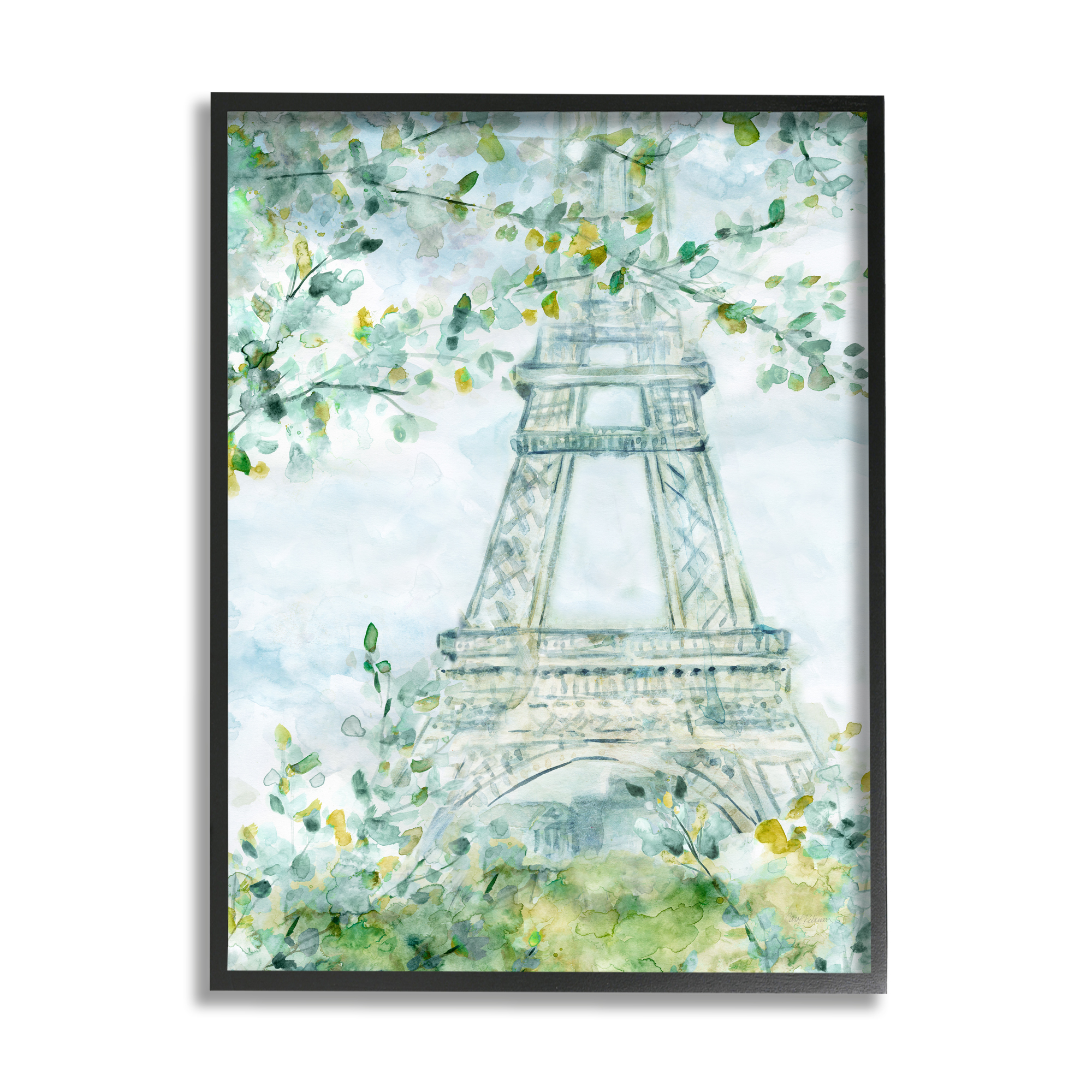 Stupell Industries Watercolor Eiffel Tower Painting Soft Green Leaf Trees Black Framed Art Print Wall Art, 11x14, by Carol Robinson