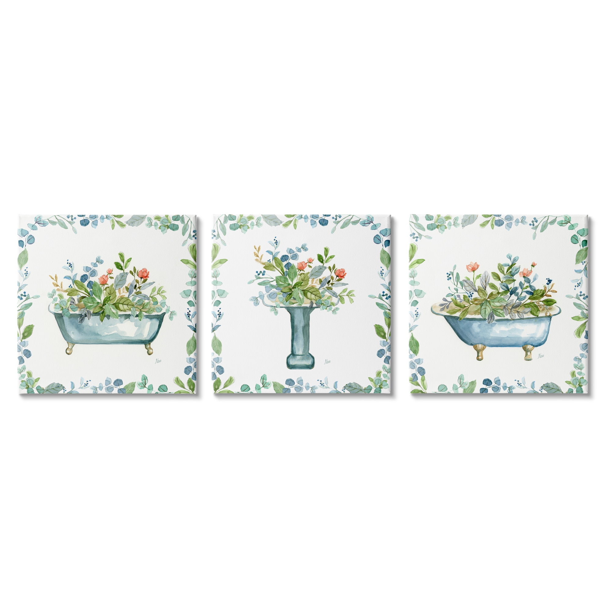Stupell Industries Watercolor Floral Bathroom Botanical & Floral Painting Gallery Wrapped Canvas Art Print Wall Art, 17 x 17, Set of 3