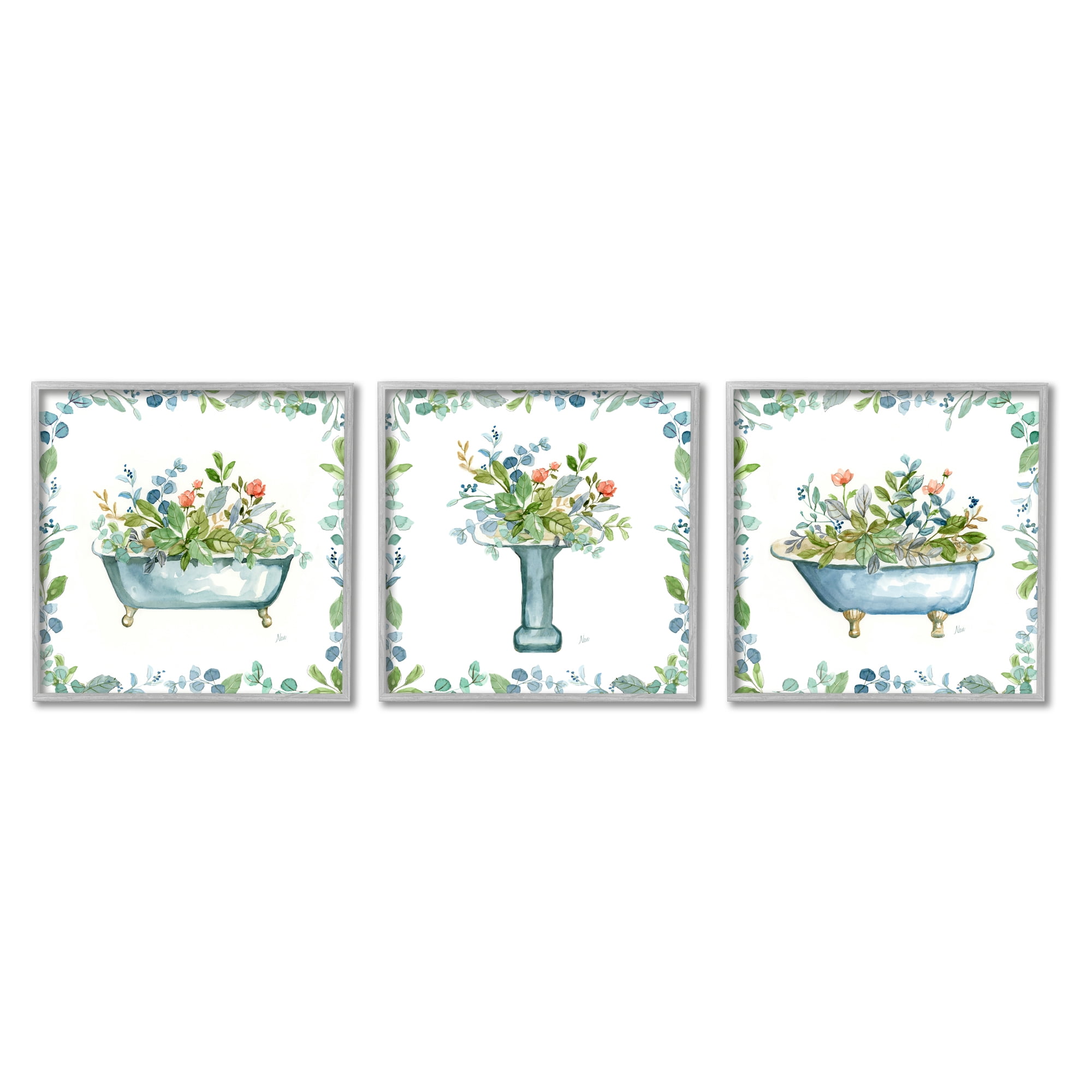 Stupell Industries Watercolor Floral Bathroom Botanical & Floral Painting Gray Framed Art Print Wall Art, 12 x 12, Set of 3