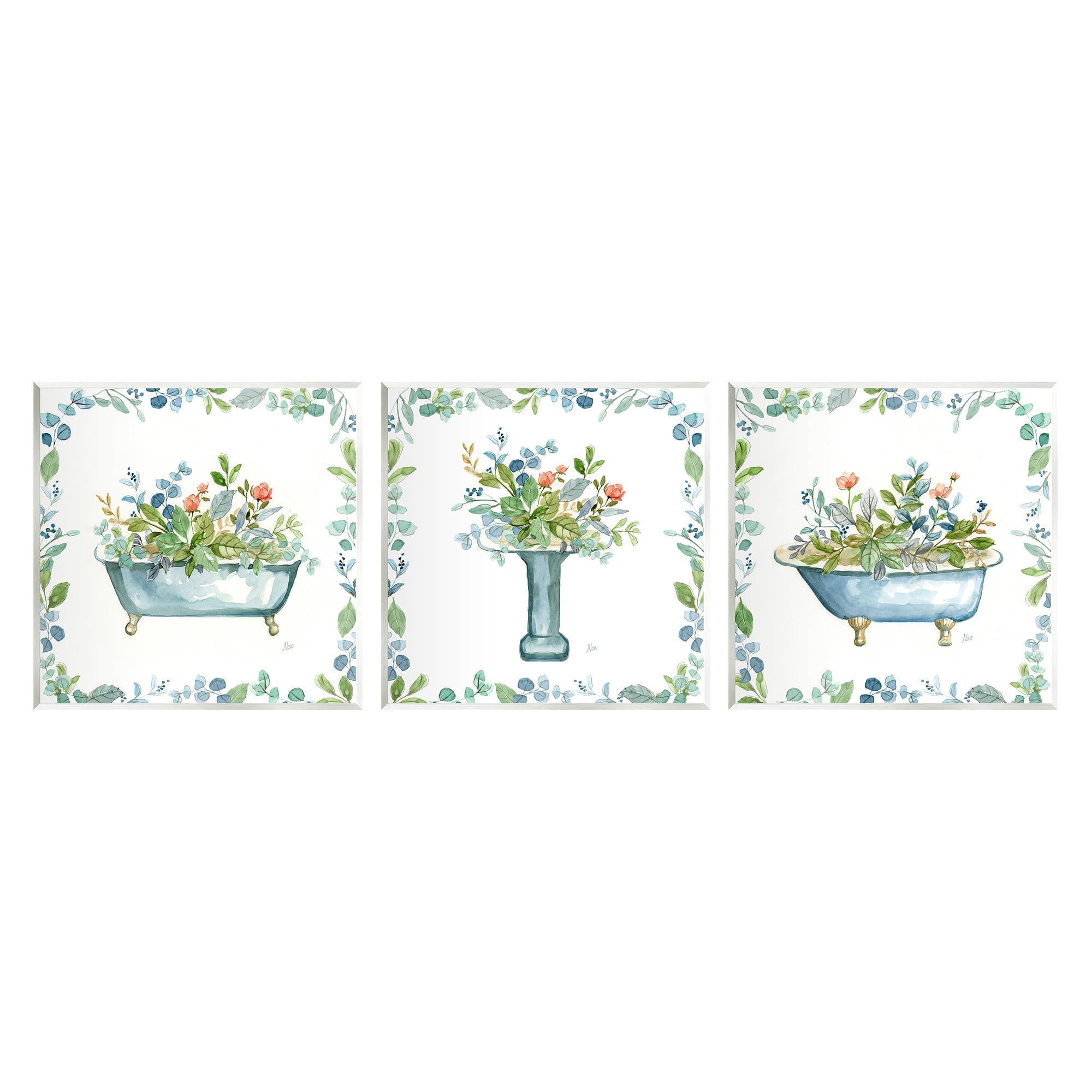 Stupell Industries Watercolor Floral Bathroom Botanical & Floral Painting Unframed Art Print Wall Art, 12 x 12, Set of 3