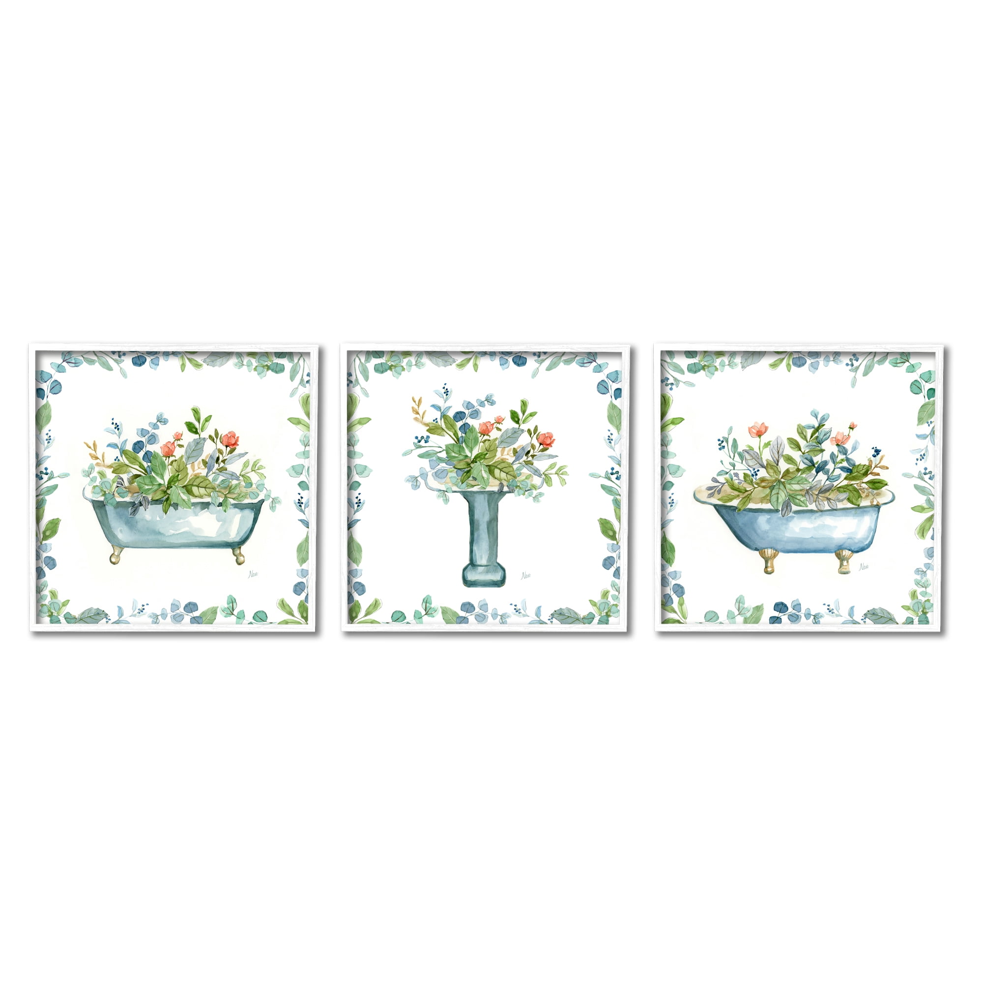 Stupell Industries Watercolor Floral Bathroom Botanical & Floral Painting White Framed Art Print Wall Art, 17 x 17, Set of 3