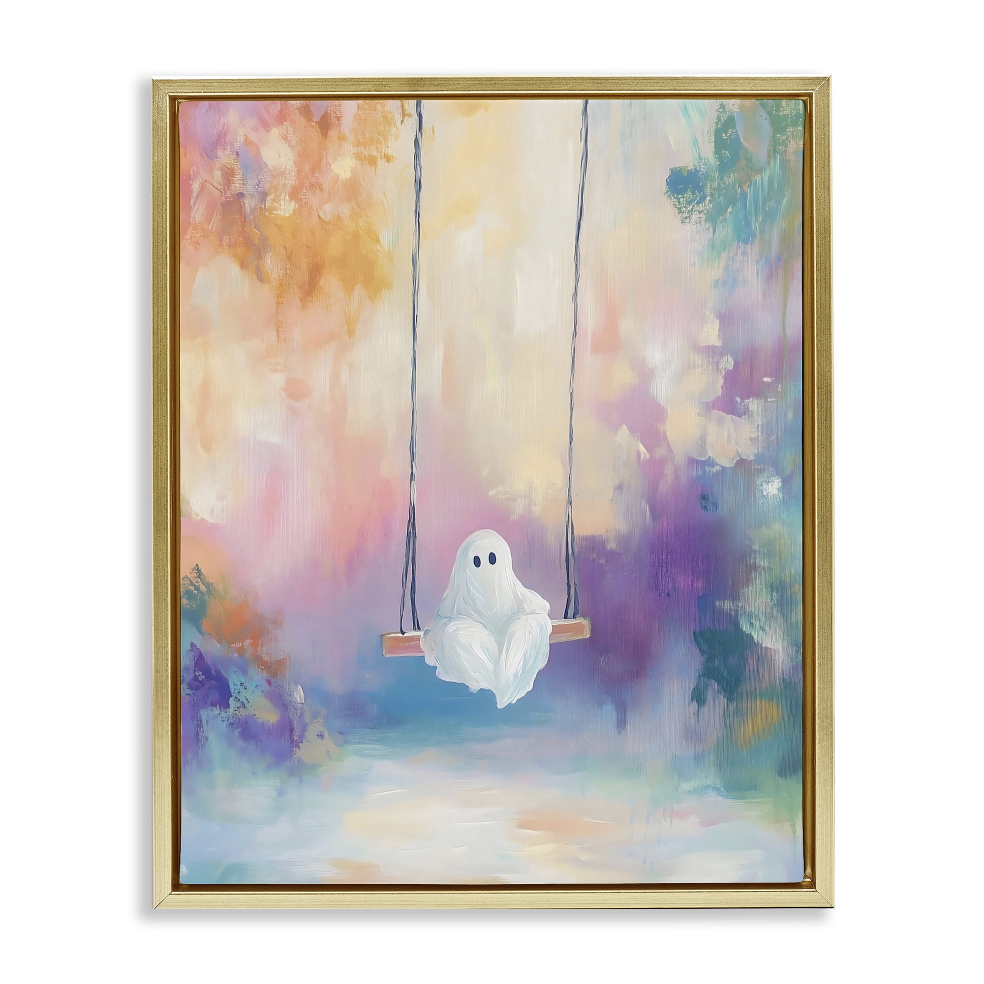 Stupell Industries Watercolor Ghost on Swing Gold Framed Floater Canvas Wall Art, design by The Prints Vibe