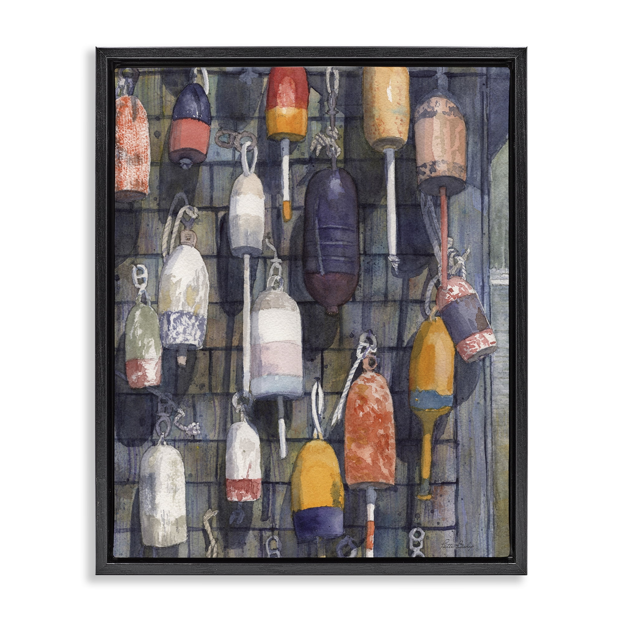 Stupell Industries Watercolor Hanging Buoys Black Framed Floater Canvas Wall Art, design by Patti Bishop
