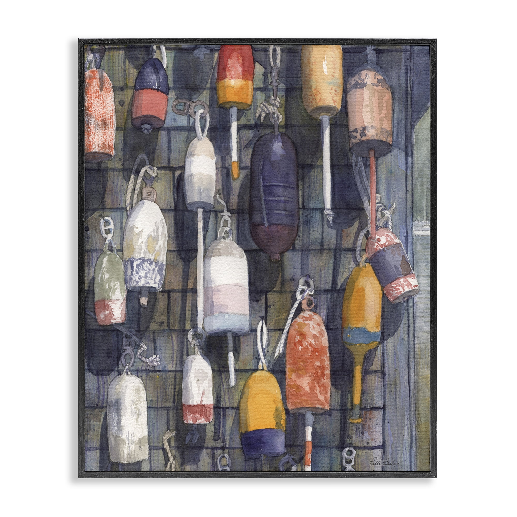 Stupell Industries Watercolor Hanging Buoys Black Framed Giclee Art, design by Patti Bishop