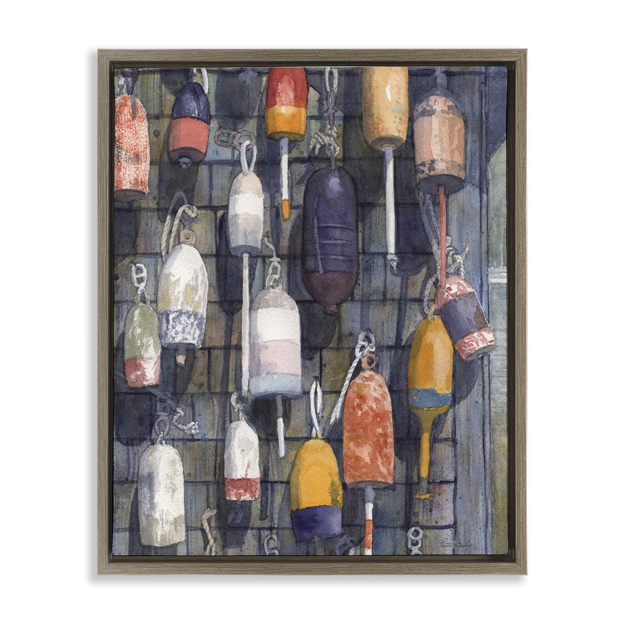 Stupell Industries Watercolor Hanging Buoys Brown Framed Floater Canvas Wall Art, design by Patti Bishop