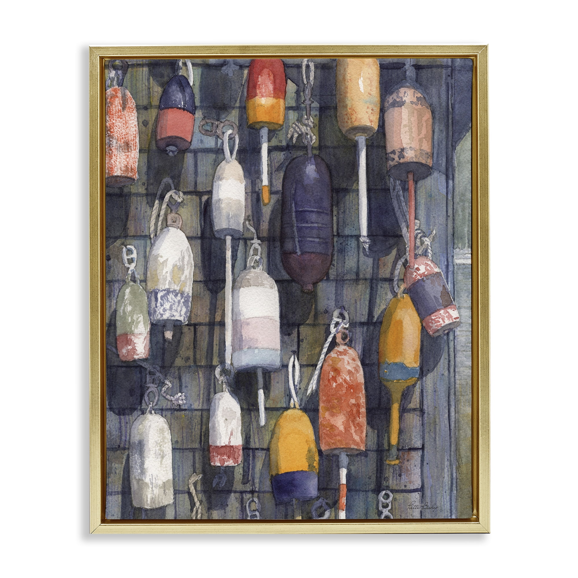 Stupell Industries Watercolor Hanging Buoys Gold Framed Floater Canvas Wall Art, design by Patti Bishop