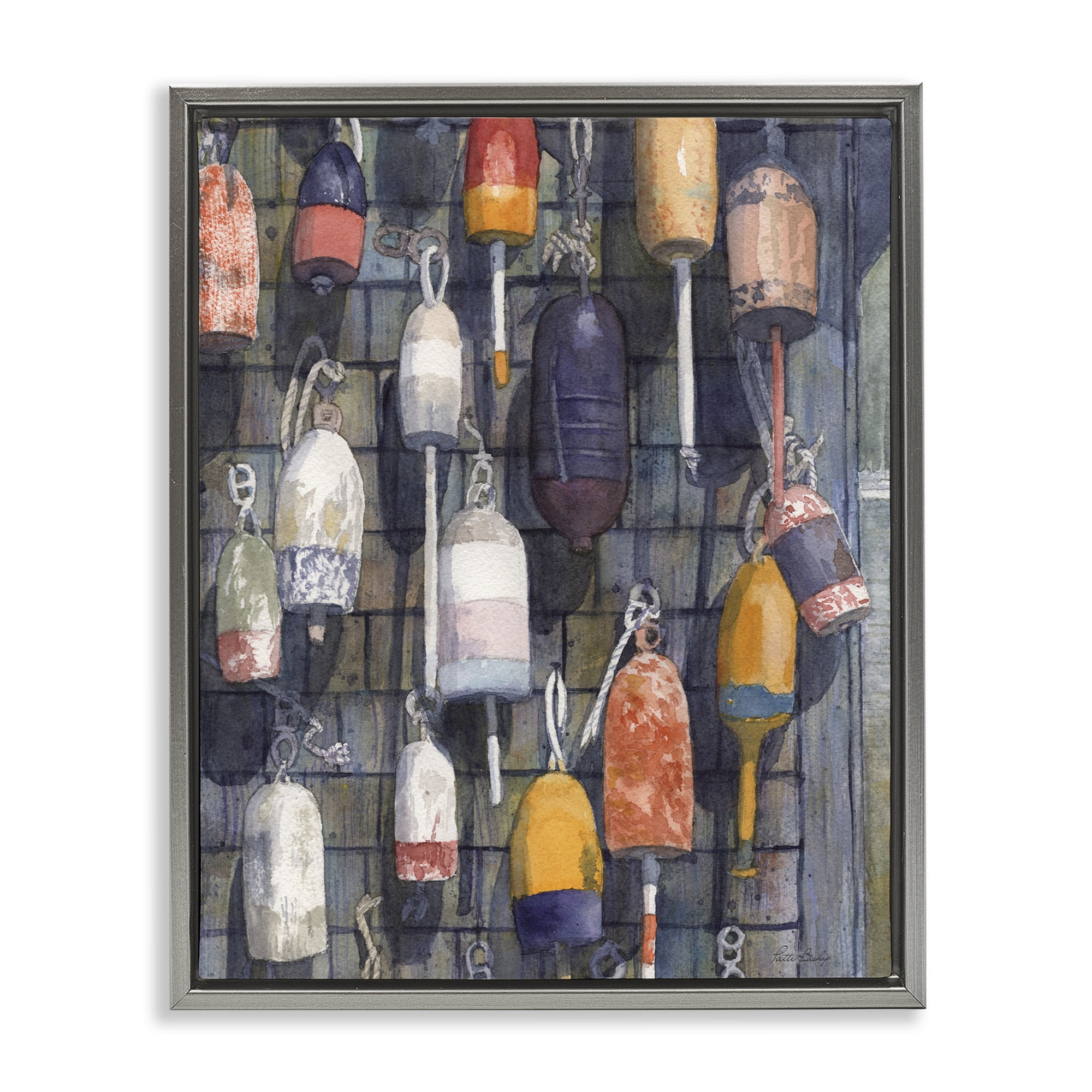 Stupell Industries Watercolor Hanging Buoys Gray Framed Floater Canvas Wall Art, design by Patti Bishop