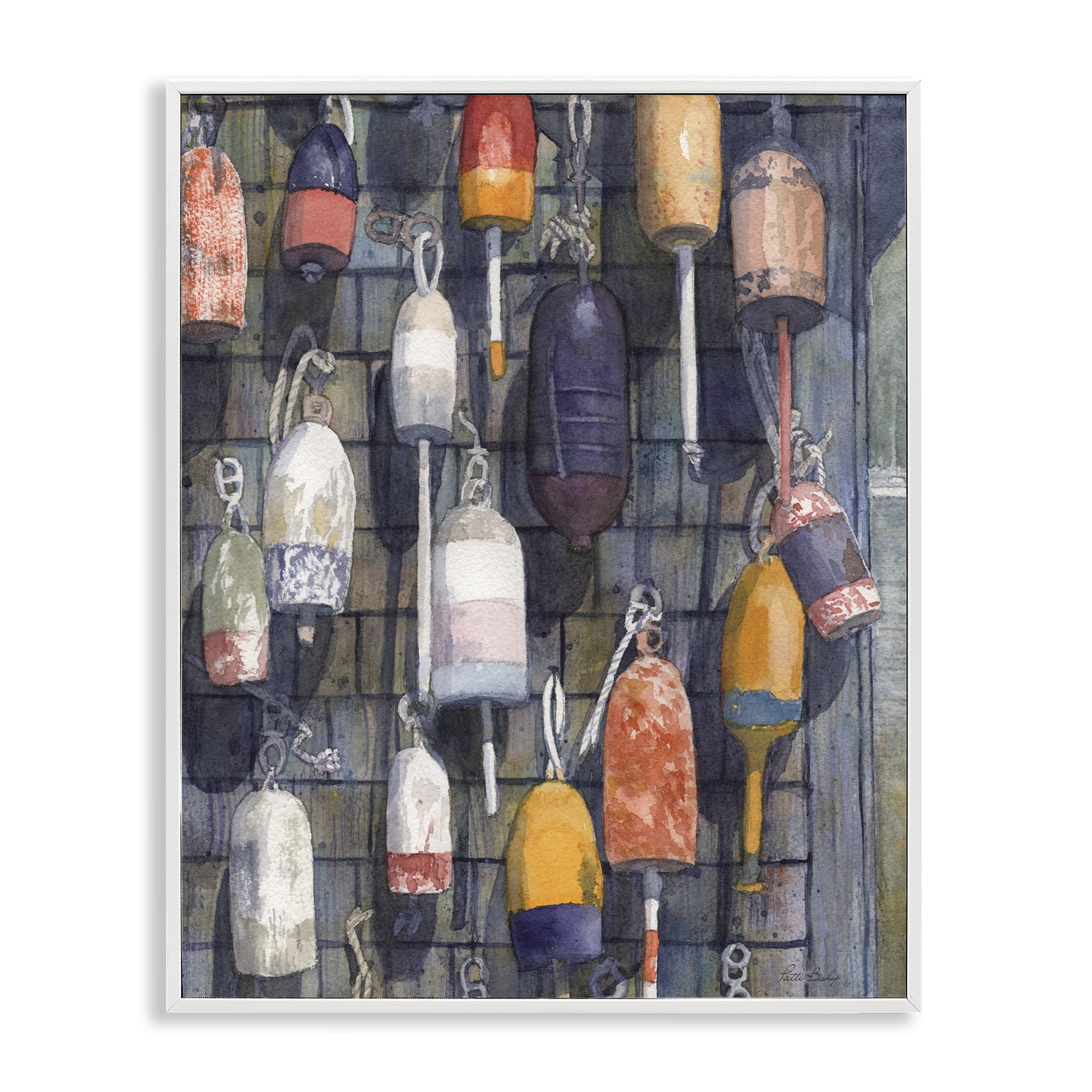 Stupell Industries Watercolor Hanging Buoys White Framed Giclee Art, design by Patti Bishop