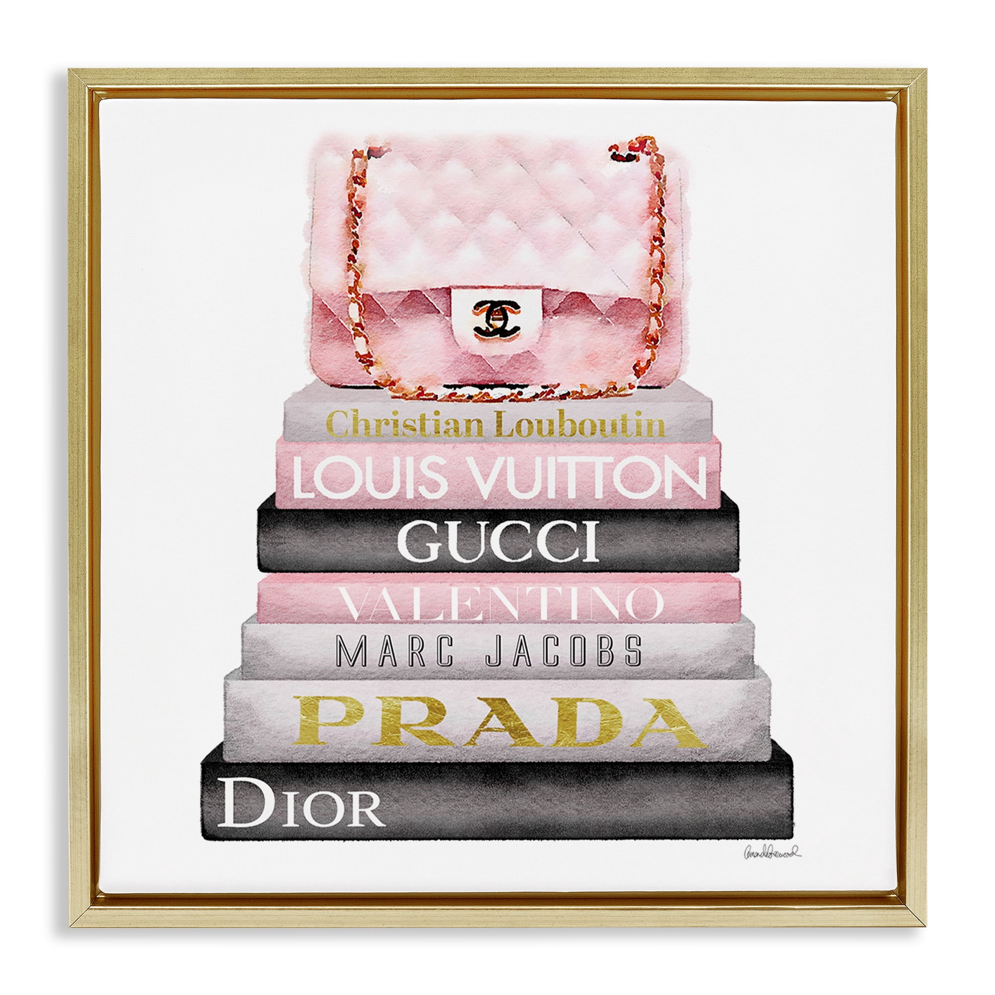 Stupell Industries Watercolor High Fashion Bookstack Beauty & Fashion Painting Gold Floater Framed Canvas Art Print Wall Art, 25 x 25