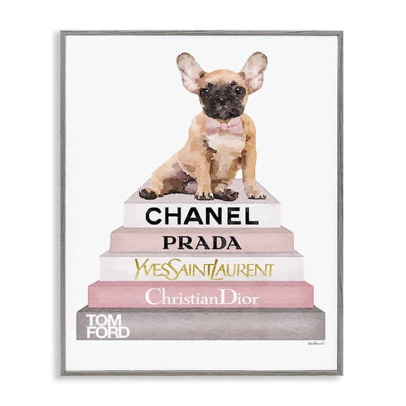 Stupell Industries Watercolor High Fashion Bookstack French Bulldog Graphic Art Framed Art Print Wall Art, 24x30, By Amanda Greenwood