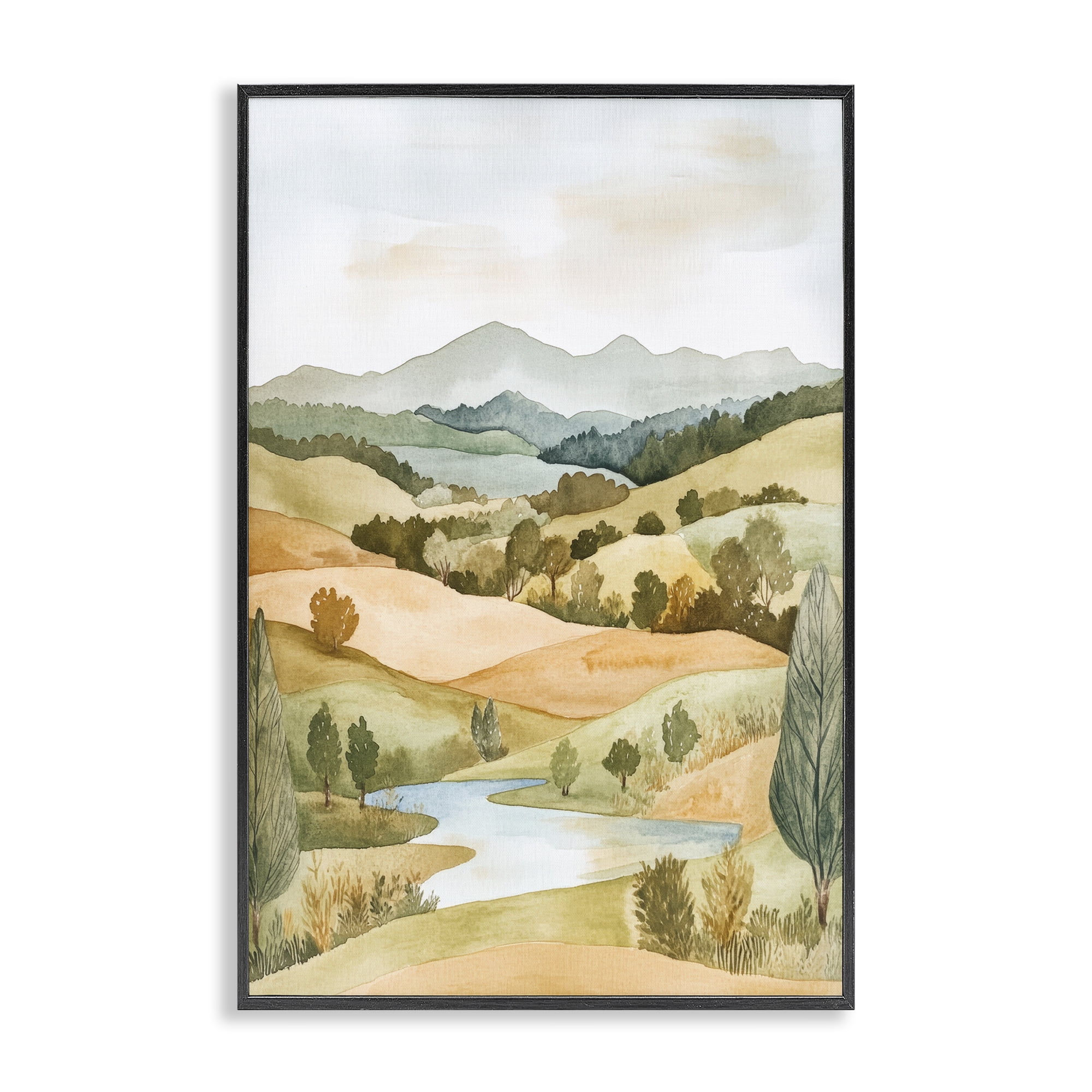 Stupell Industries Watercolor Hills & Tranquil Valley Black Framed Giclee Art, design by Petal Prints Design