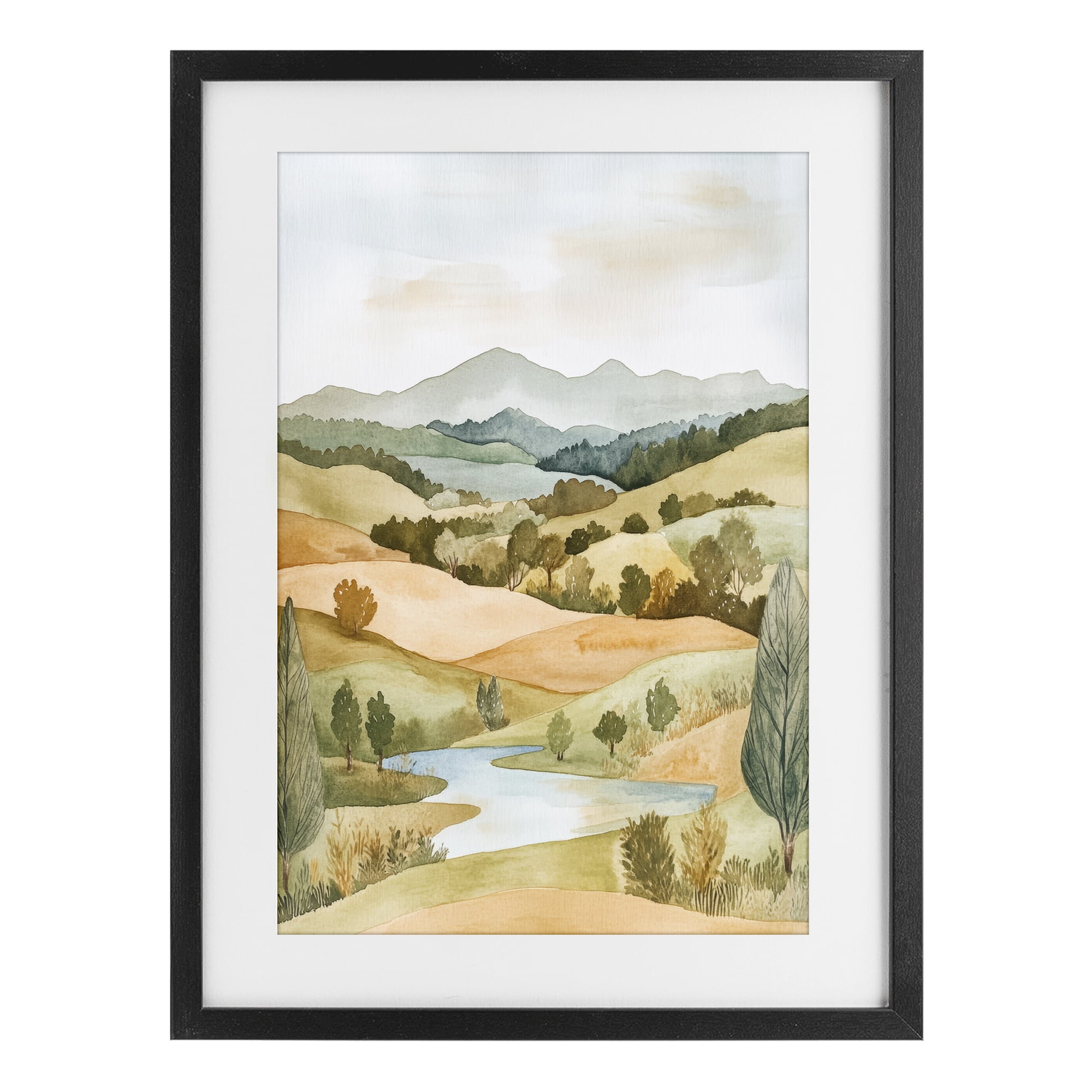 Stupell Industries Watercolor Hills & Tranquil Valley Black Framed Print Under Glass, design by Petal Prints Design