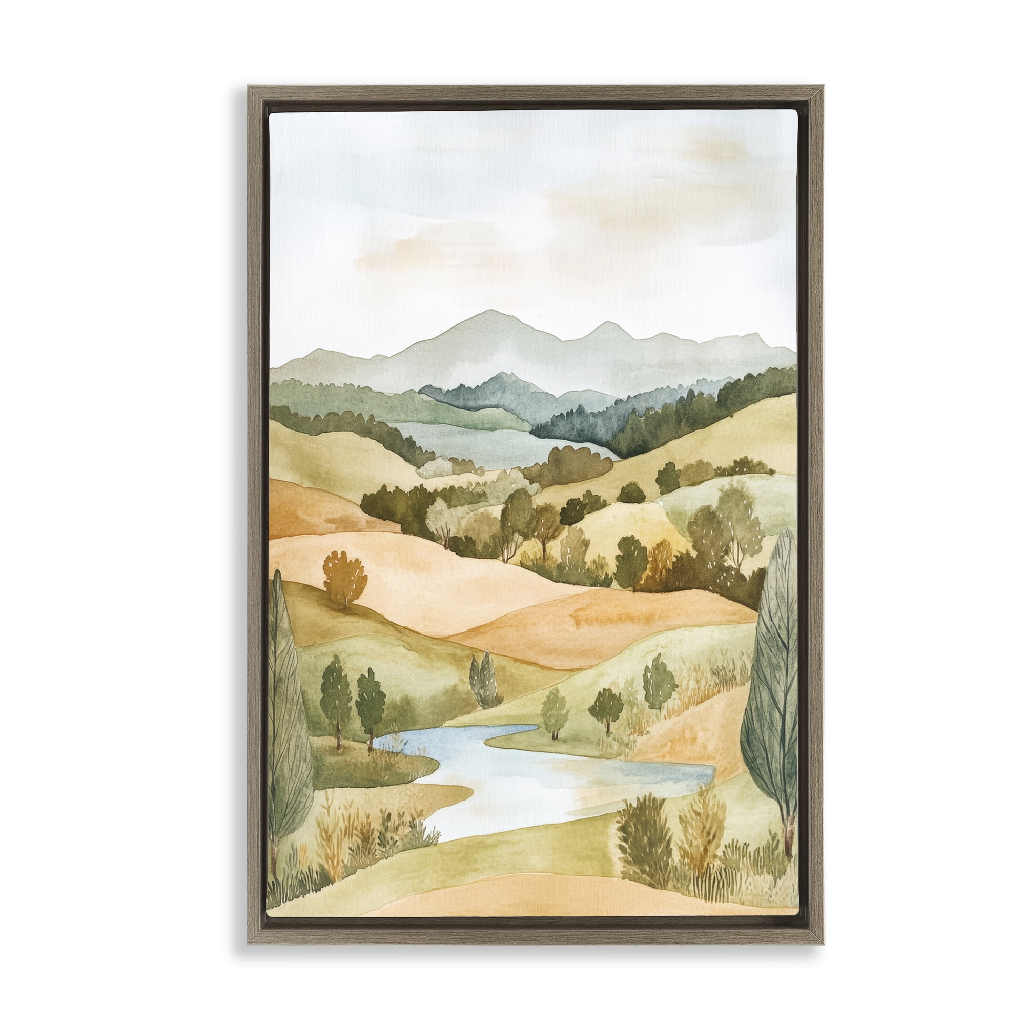 Stupell Industries Watercolor Hills & Tranquil Valley Brown Framed Floater Canvas Wall Art, design by Petal Prints Design