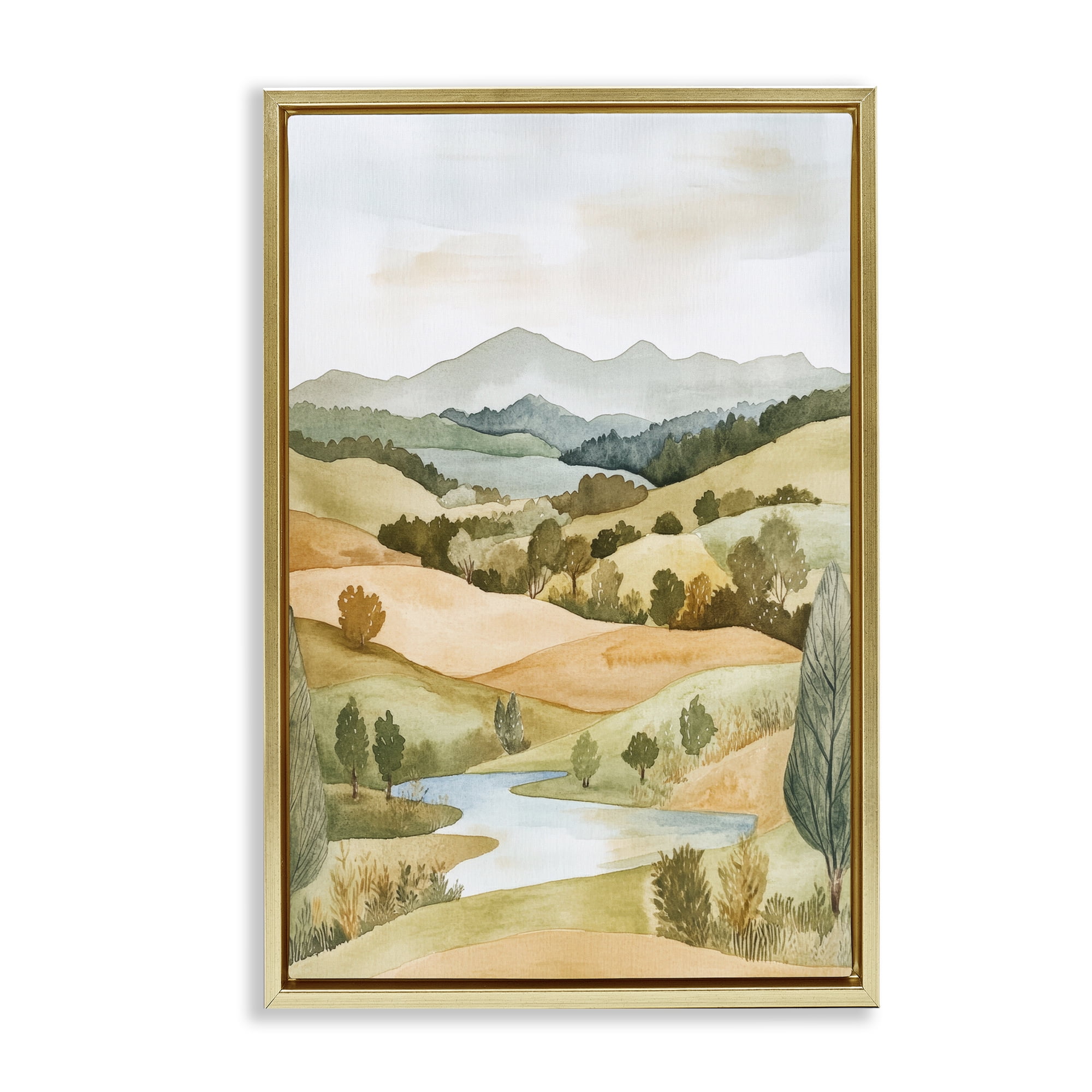 Stupell Industries Watercolor Hills & Tranquil Valley Gold Framed Floater Canvas Wall Art, design by Petal Prints Design