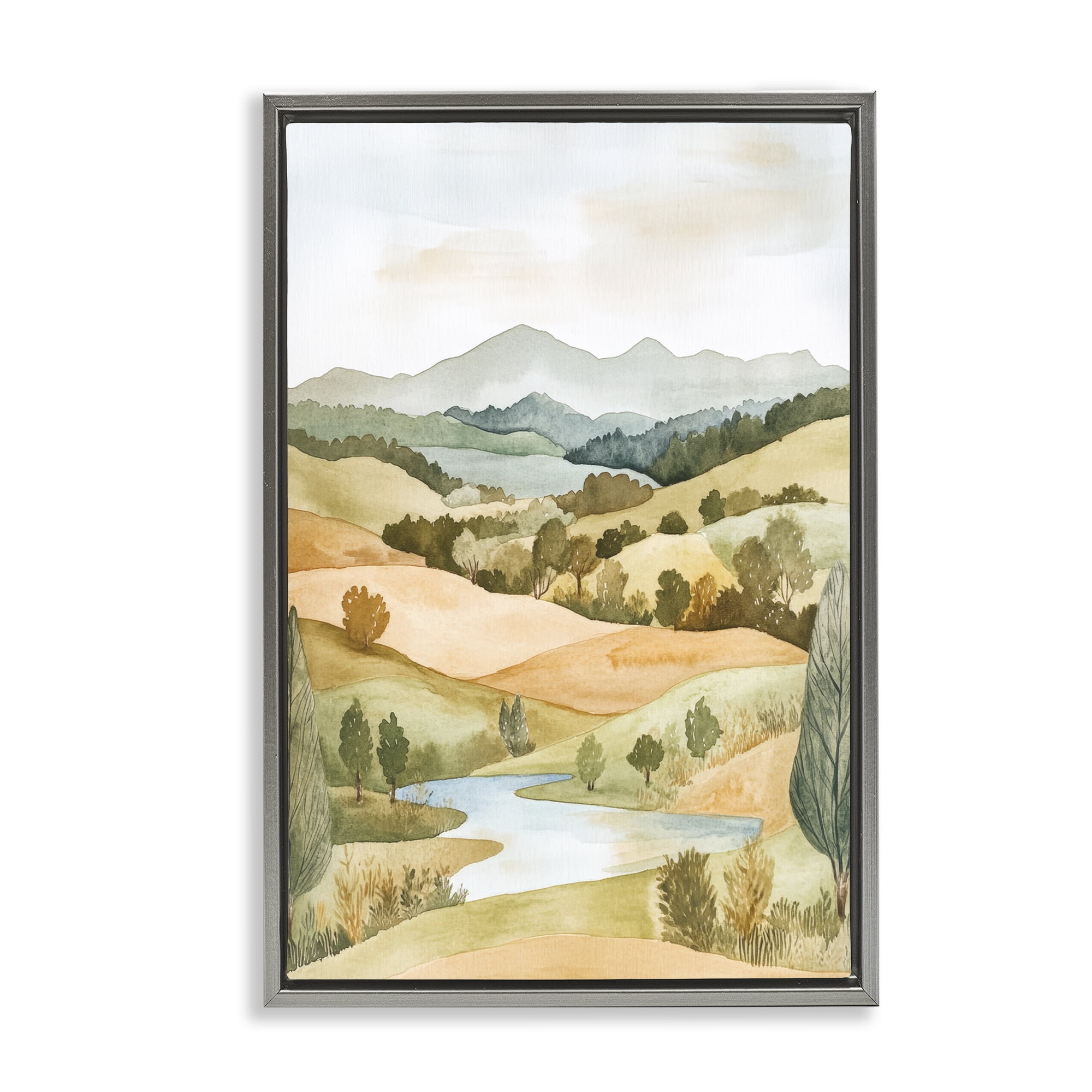 Stupell Industries Watercolor Hills & Tranquil Valley Gray Framed Floater Canvas Wall Art, design by Petal Prints Design