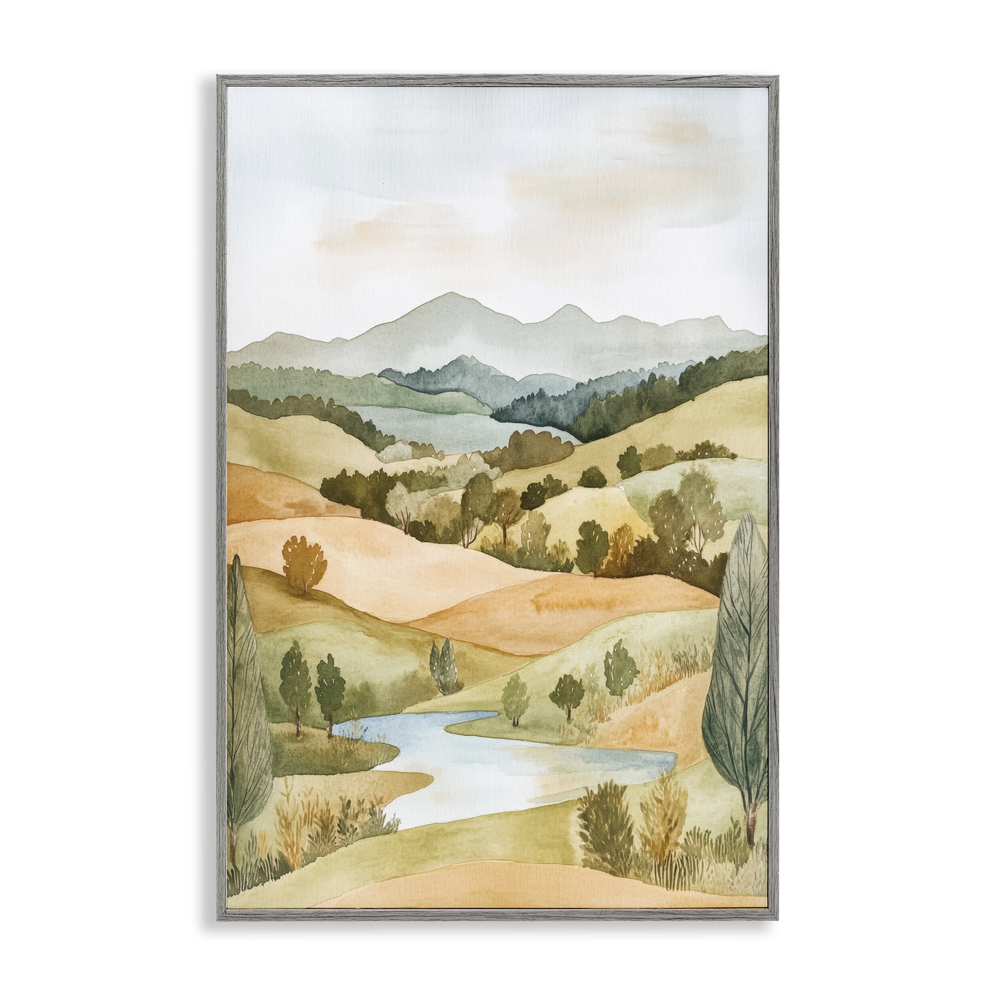 Stupell Industries Watercolor Hills & Tranquil Valley Gray Framed Giclee Art, design by Petal Prints Design