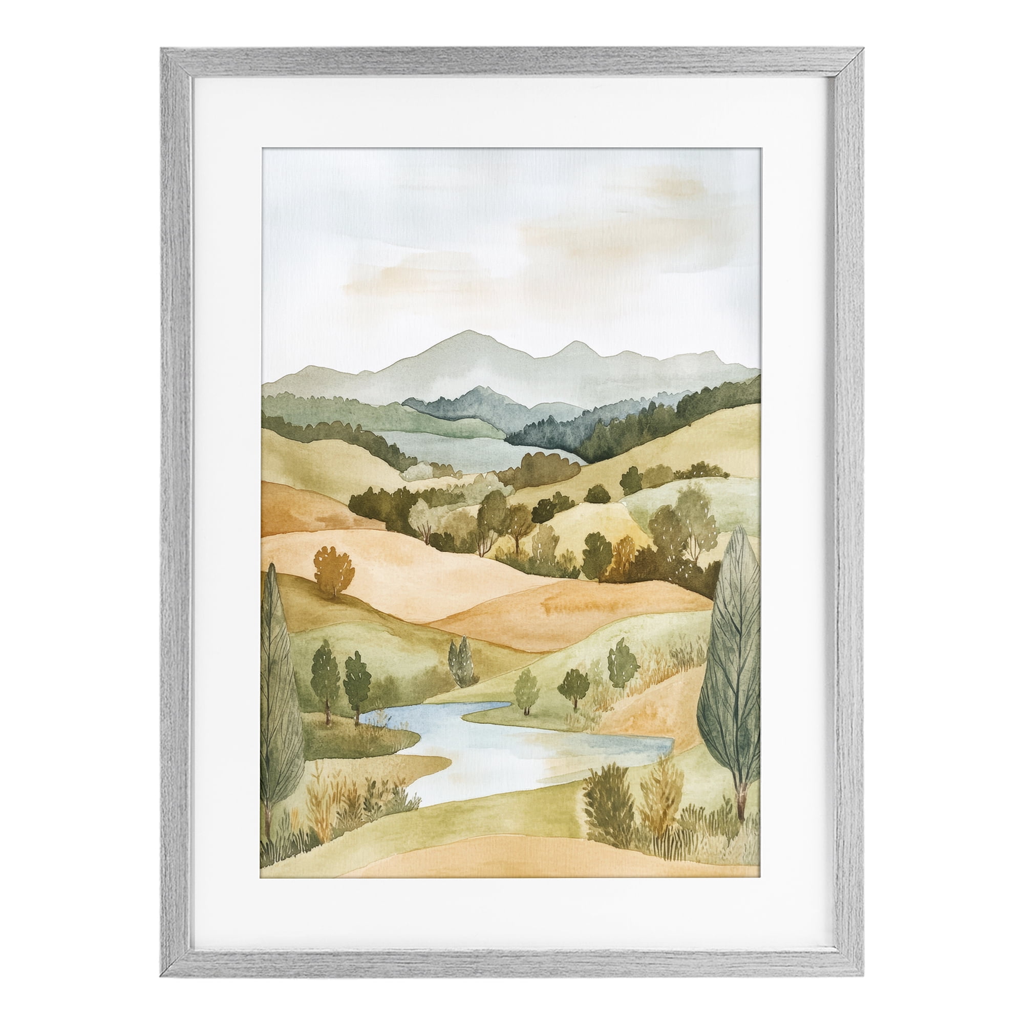 Stupell Industries Watercolor Hills & Tranquil Valley Gray Framed Print Under Glass, design by Petal Prints Design