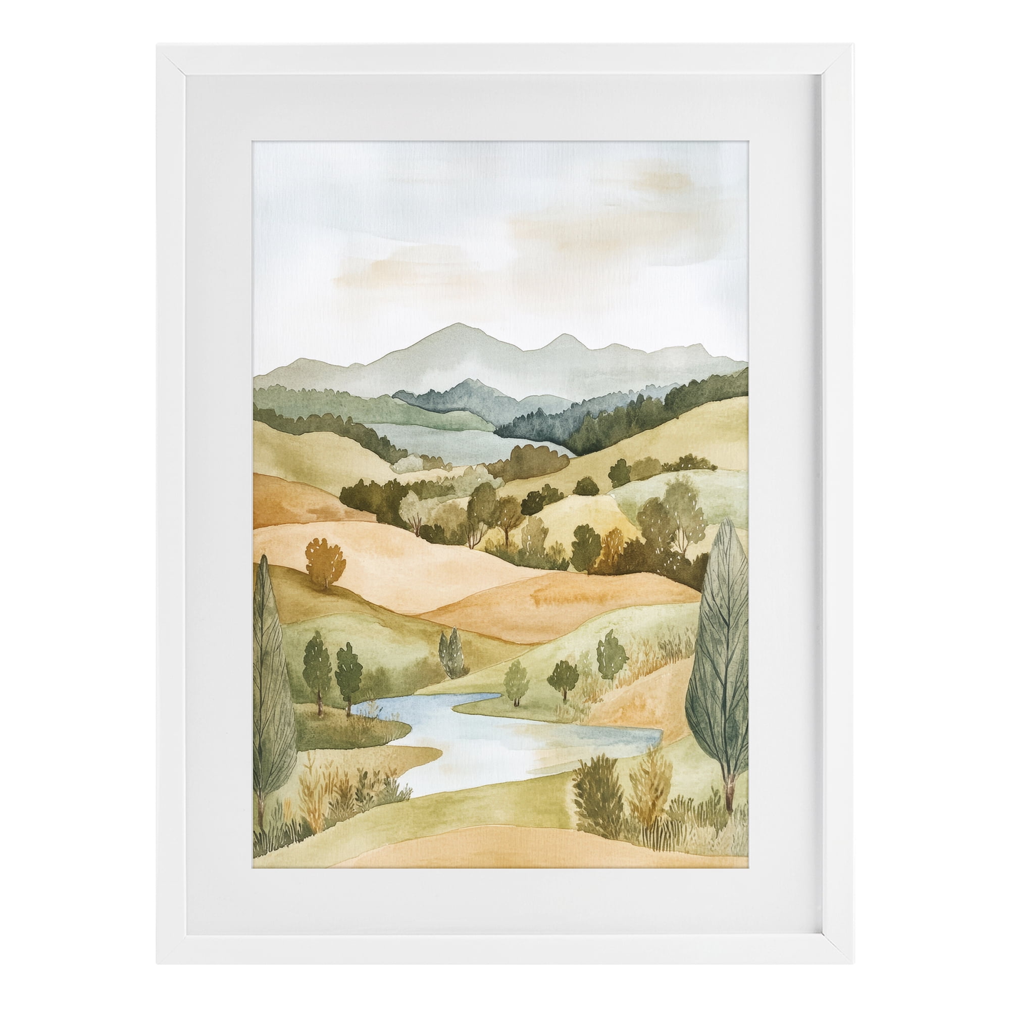 Stupell Industries Watercolor Hills & Tranquil Valley White Framed Print Under Glass, design by Petal Prints Design