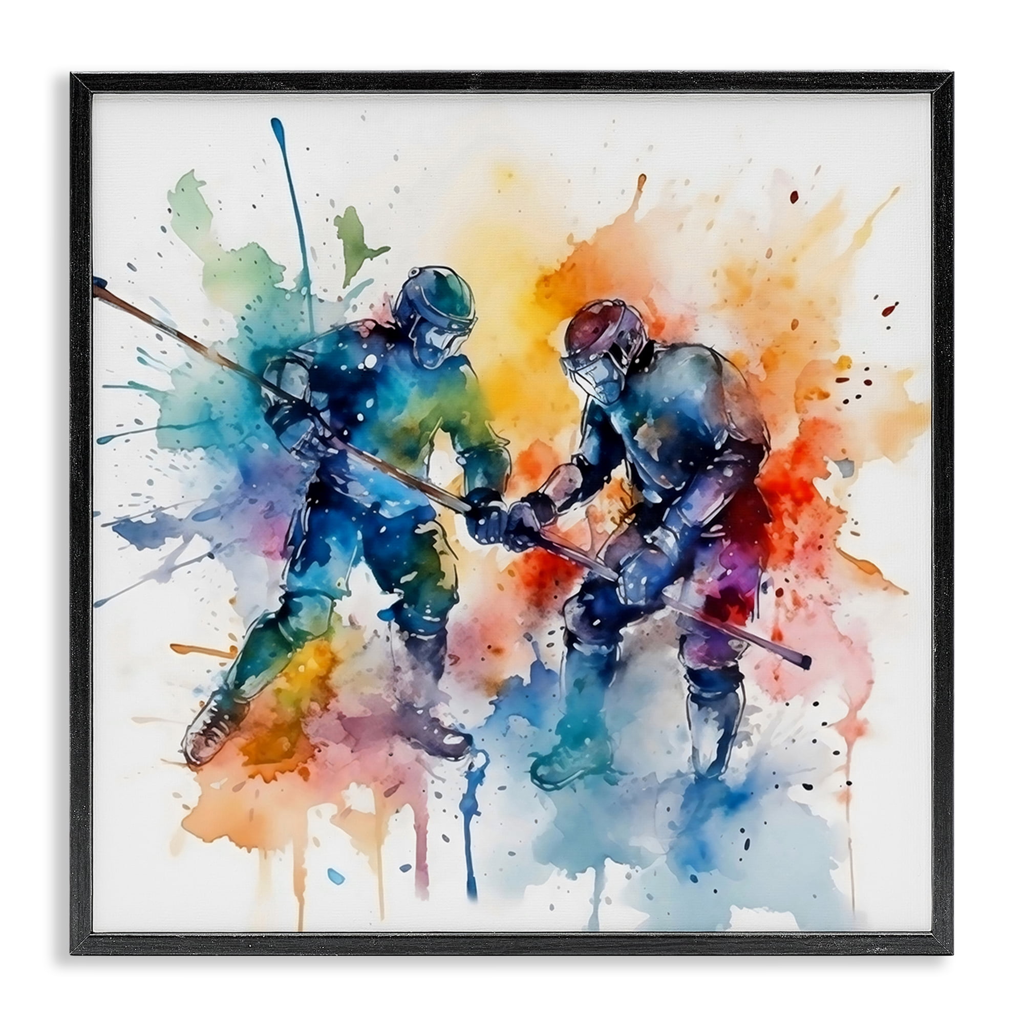 Stupell Industries Watercolor Hockey Faceoff Black Framed Giclee Art, design by Creative Studio