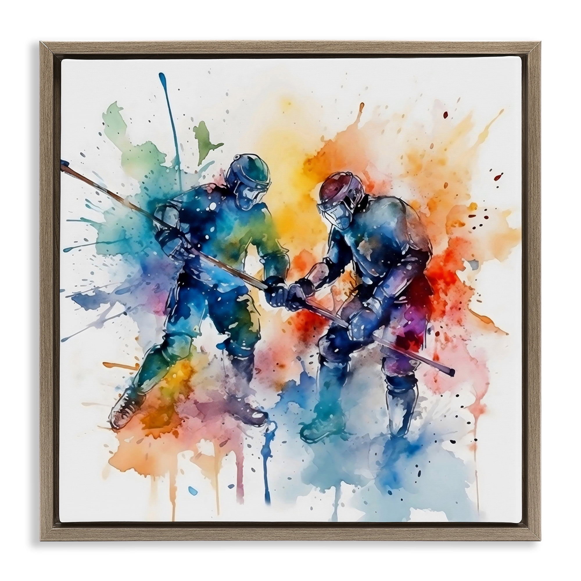 Stupell Industries Watercolor Hockey Faceoff Brown Framed Floater Canvas Wall Art, design by Creative Studio