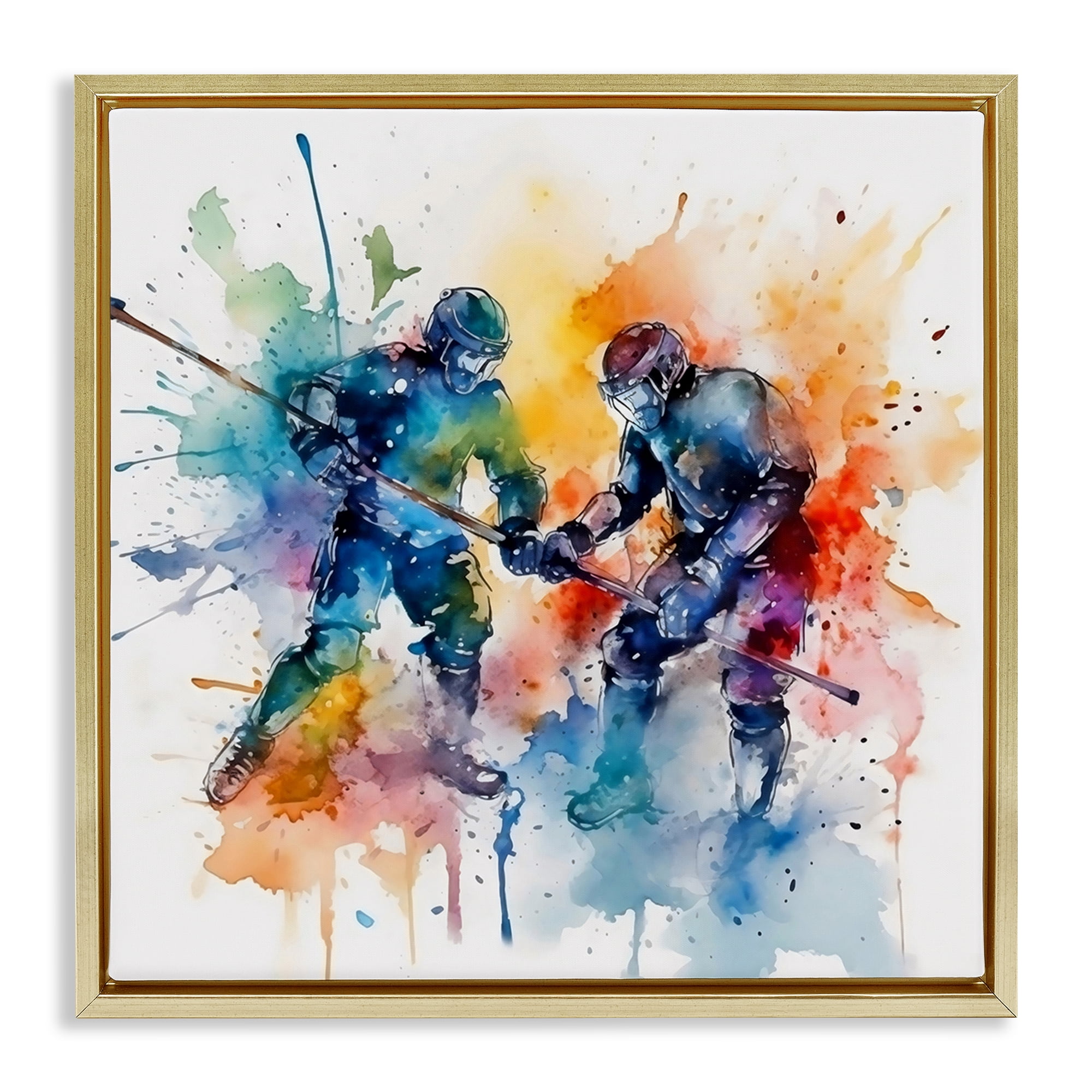 Stupell Industries Watercolor Hockey Faceoff Gold Framed Floater Canvas Wall Art, design by Creative Studio