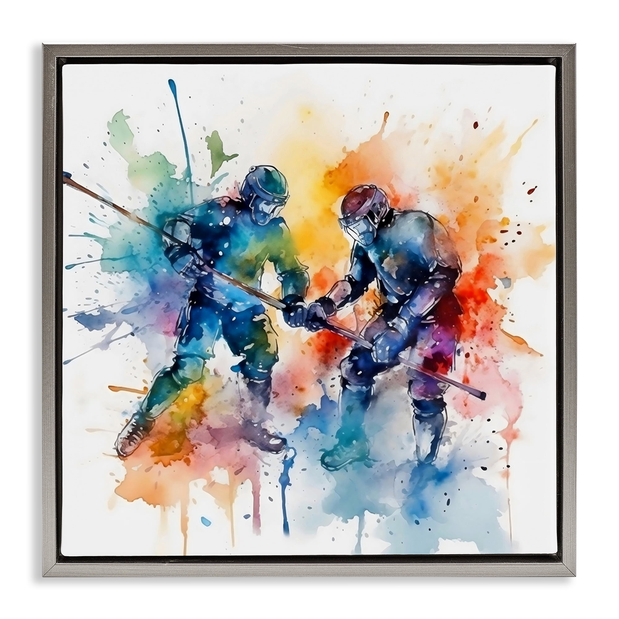 Stupell Industries Watercolor Hockey Faceoff Gray Framed Floater Canvas Wall Art, design by Creative Studio