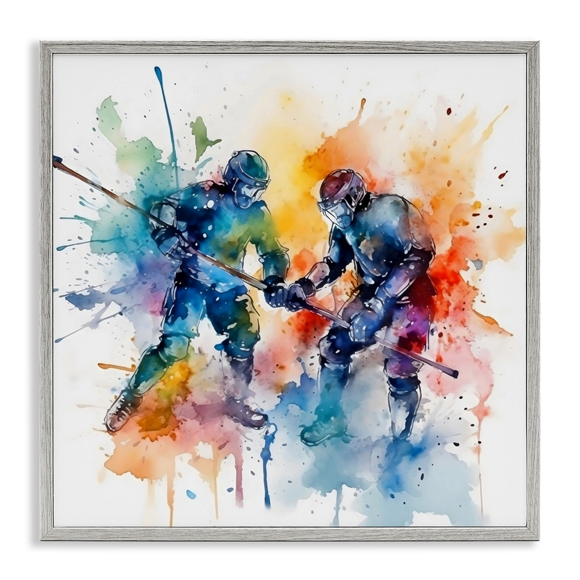 Stupell Industries Watercolor Hockey Faceoff Gray Framed Giclee Art, design by Creative Studio