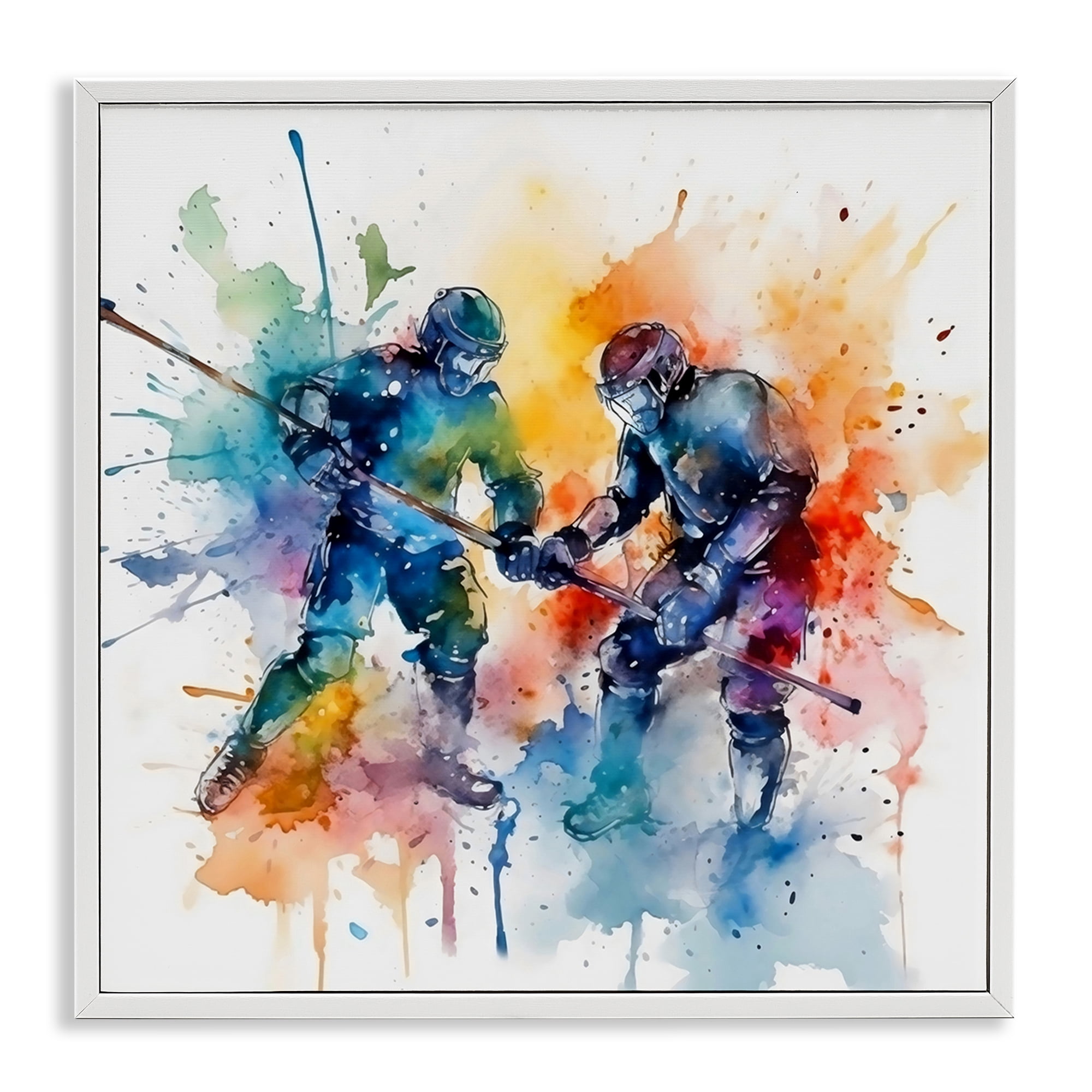 Stupell Industries Watercolor Hockey Faceoff White Framed Giclee Art, design by Creative Studio