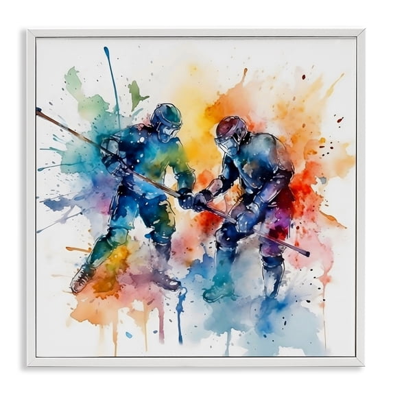 Stupell Industries Contemporary Watercolor Hockey Faceoff White Framed Giclee Art, 12 x 12, by Creative Studio
