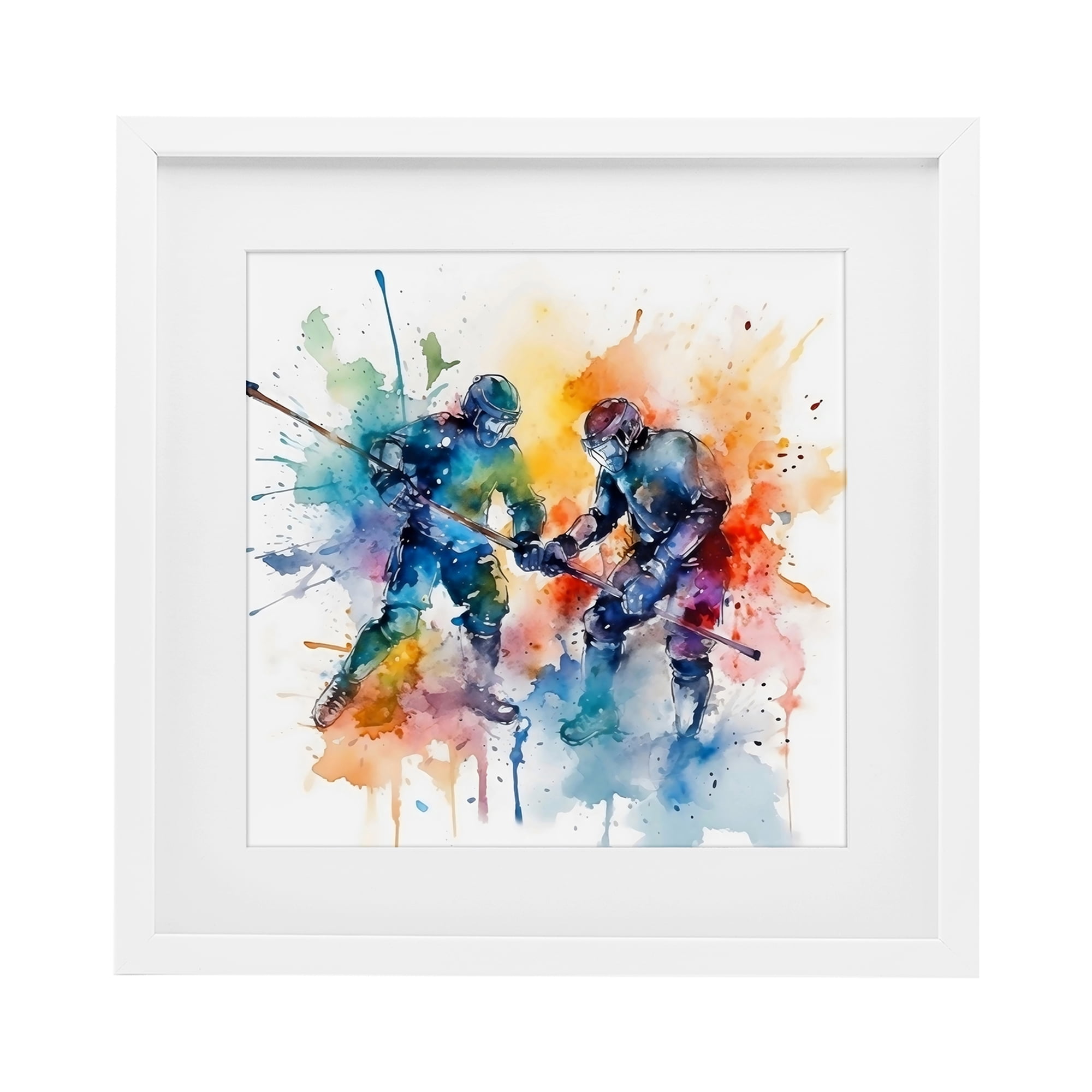 Stupell Industries Watercolor Hockey Faceoff White Framed Print Under Glass, design by Creative Studio