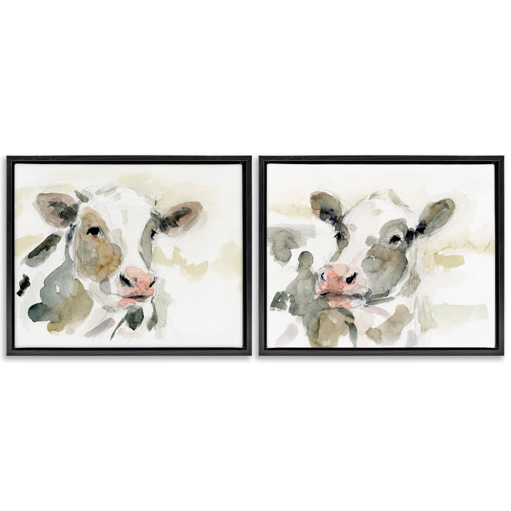 Stupell Industries Watercolor Holstein Farm Cows Animals Painting Black Floater Framed Canvas Art Print Wall Art, 31 x 25, Set of 2