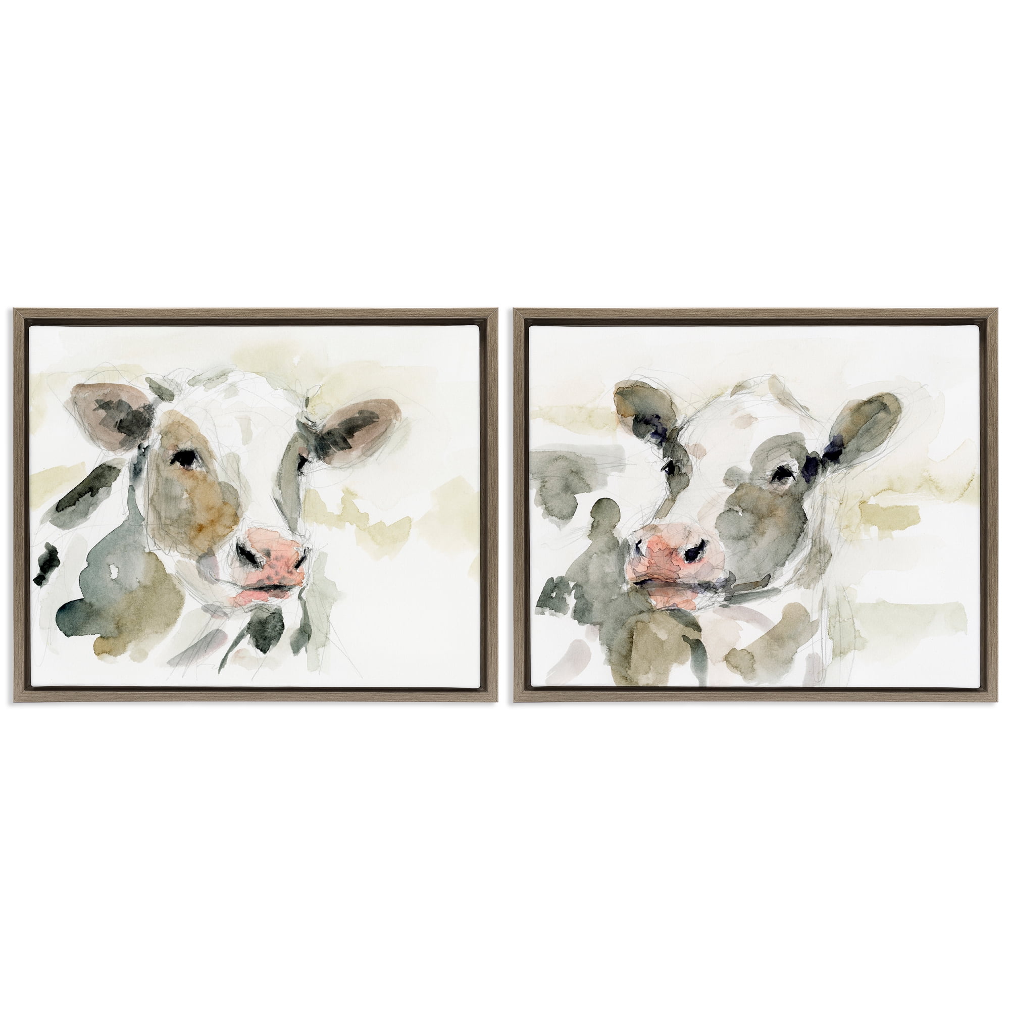 Stupell Industries Watercolor Holstein Farm Cows Animals Painting Brown Floater Framed Canvas Art Print Wall Art, 31 x 25, Set of 2