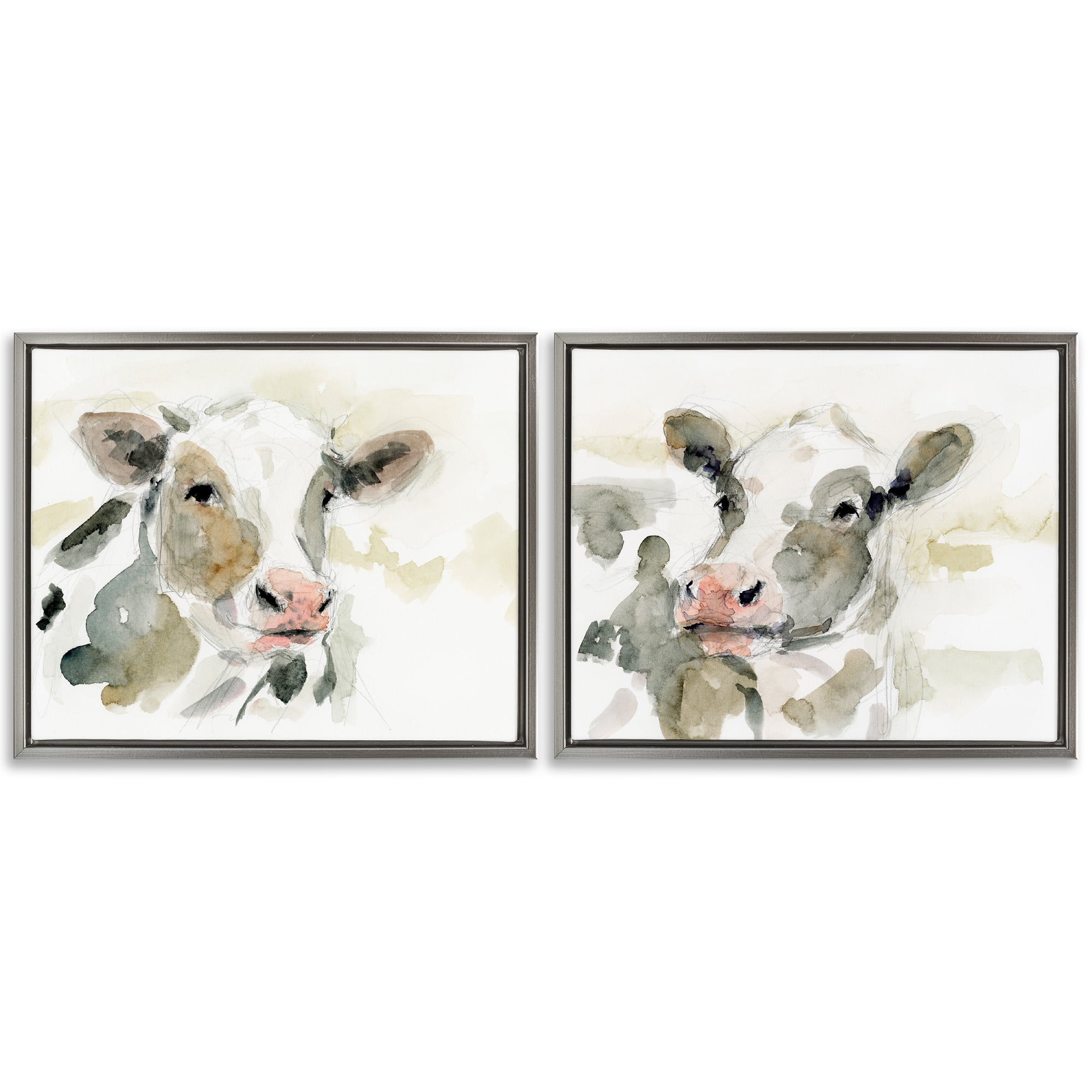Stupell Industries Watercolor Holstein Farm Cows Animals Painting Gray Floater Framed Canvas Art Print Wall Art, 21 x 17, Set of 2