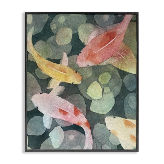 Stupell Industries Watercolor Koi Aerial View Animals Painting Black Framed Art Print Wall Art, 11 x 14