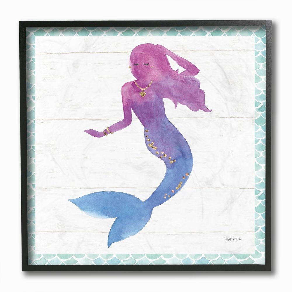 Stupell Industries Watercolor Mermaid Relaxed Glam Purple Blue Painting Framed Wall Art Design by Jenya Jackson, 12" x 12", Black Framed