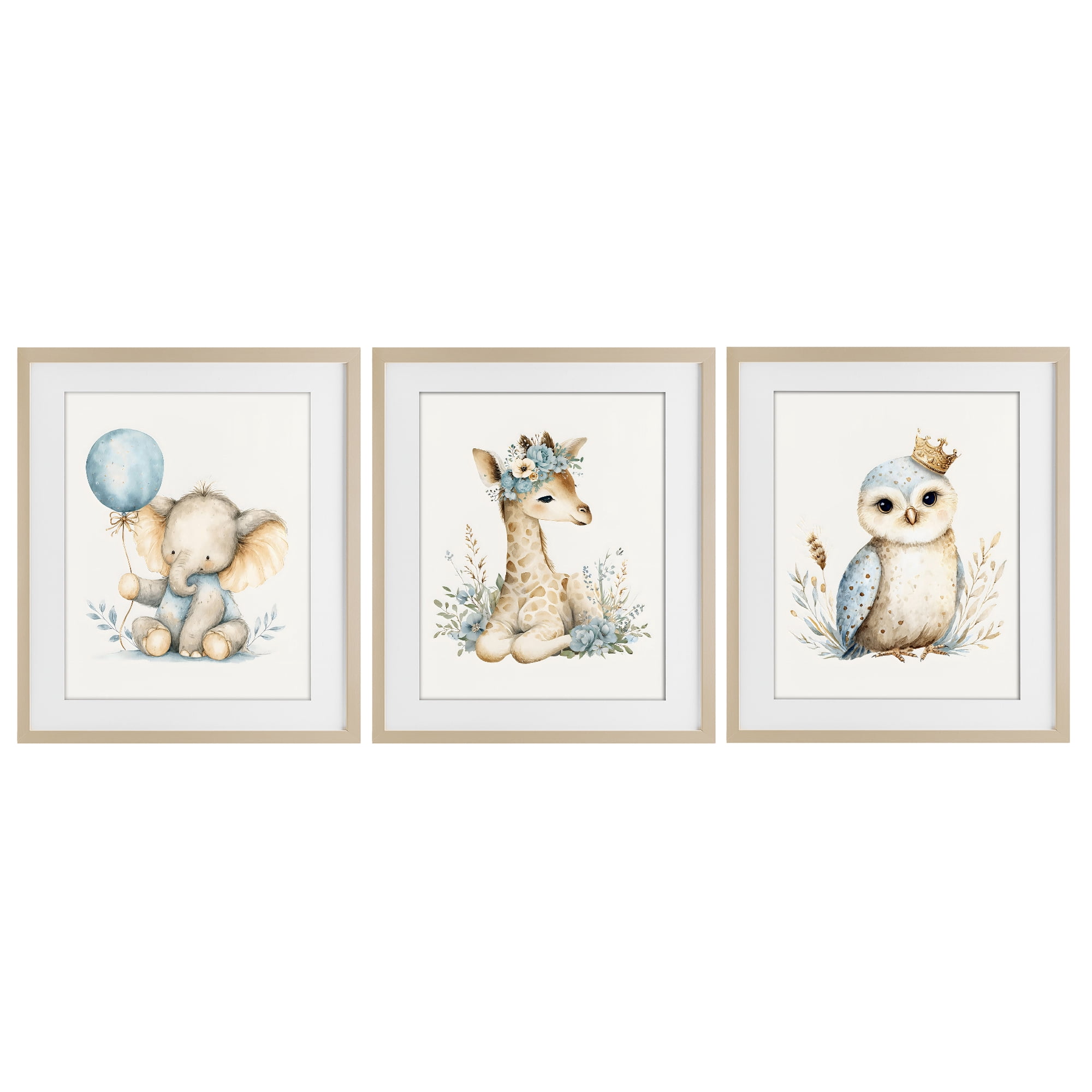 Stupell Industries Watercolor Nursery Animals 3 Piece Birch Framed Print Under Glass Set, design by LSR Design Studio