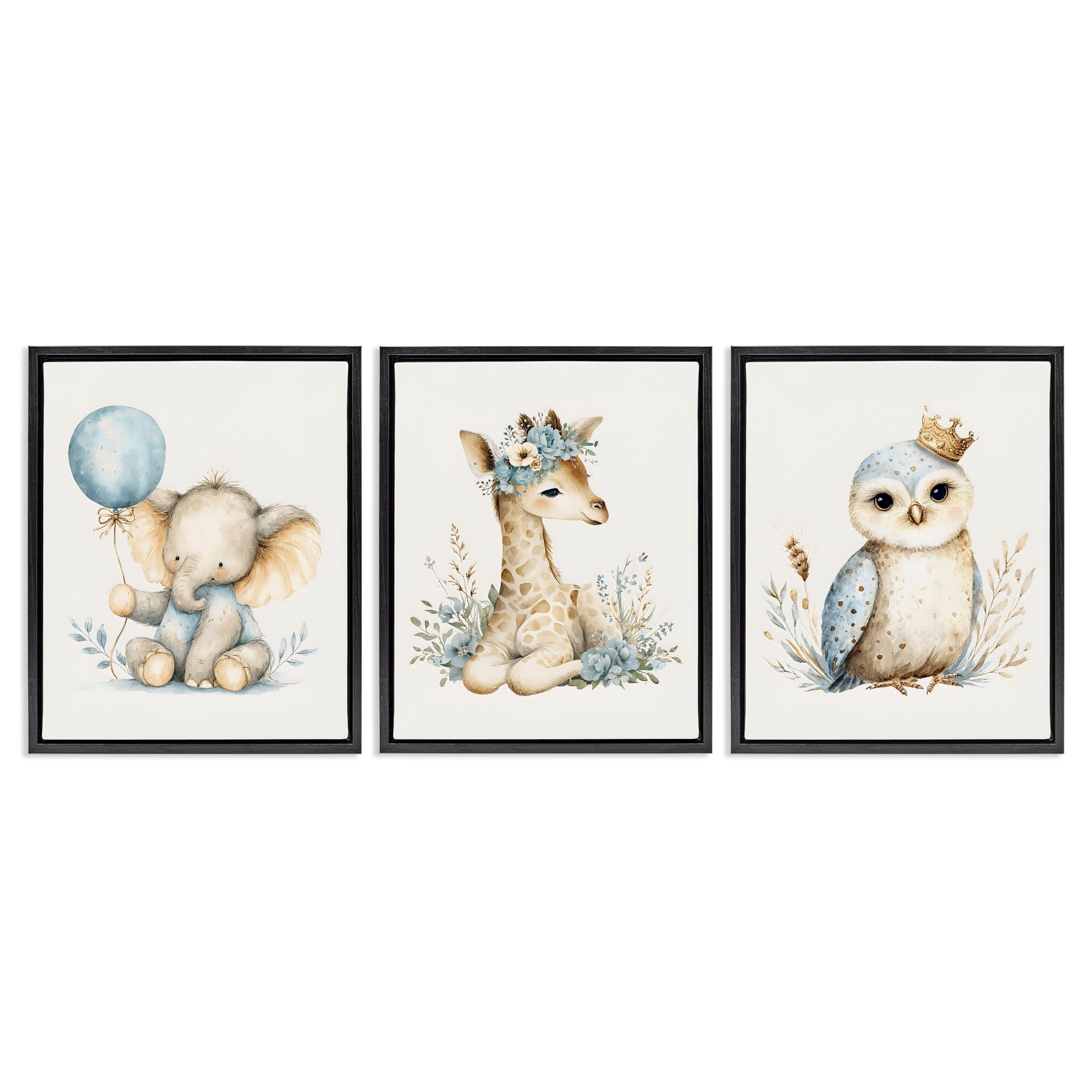 Stupell Industries Watercolor Nursery Animals 3 Piece Black Framed Floater Canvas Set, design by LSR Design Studio
