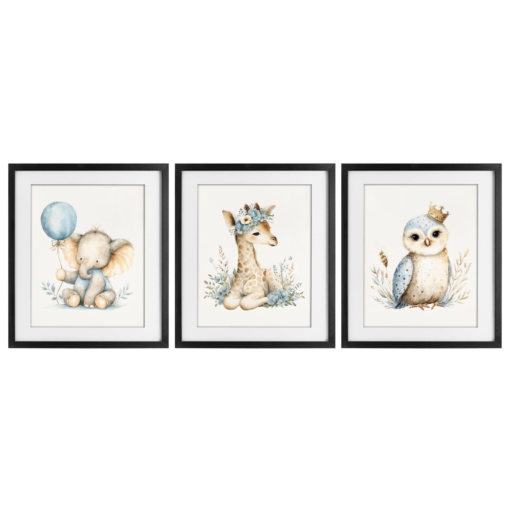 Stupell Industries Watercolor Nursery Animals 3 Piece Black Framed Print Under Glass Set, design by LSR Design Studio