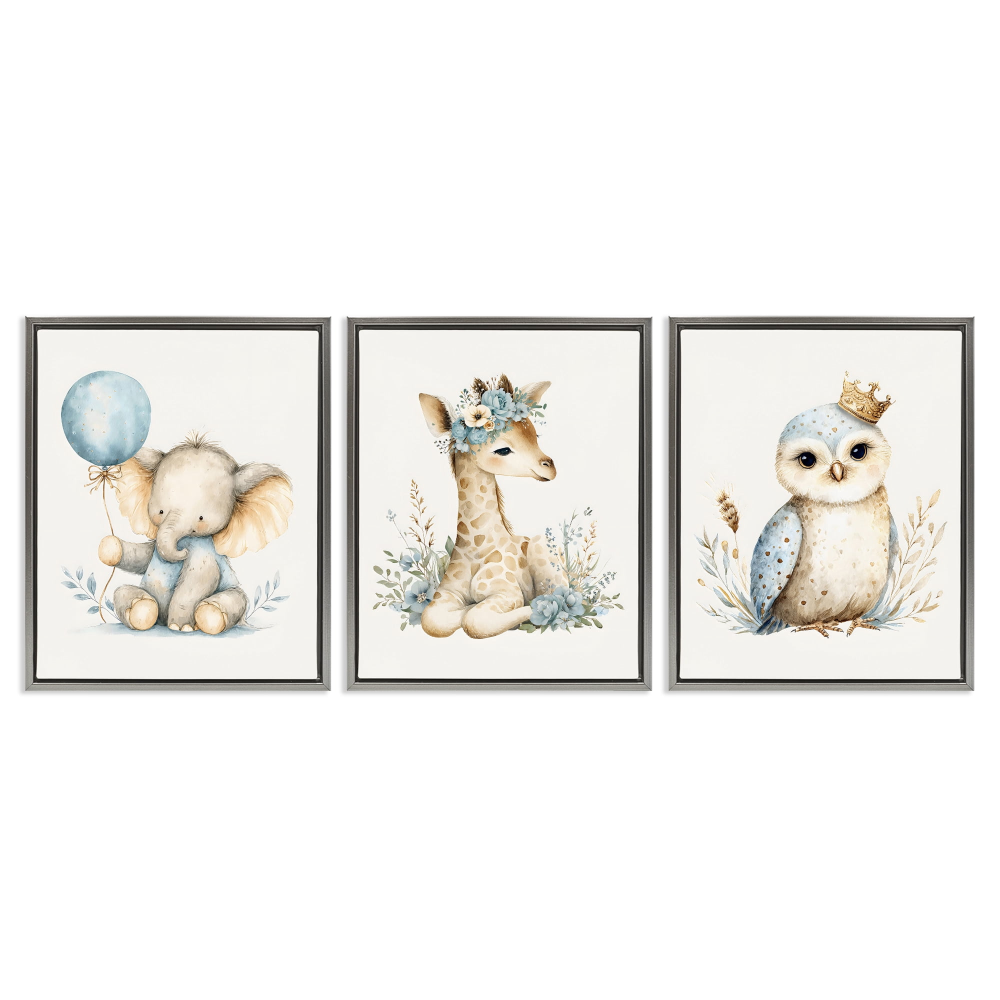 Stupell Industries Watercolor Nursery Animals 3 Piece Gray Framed Floater Canvas Set, design by LSR Design Studio