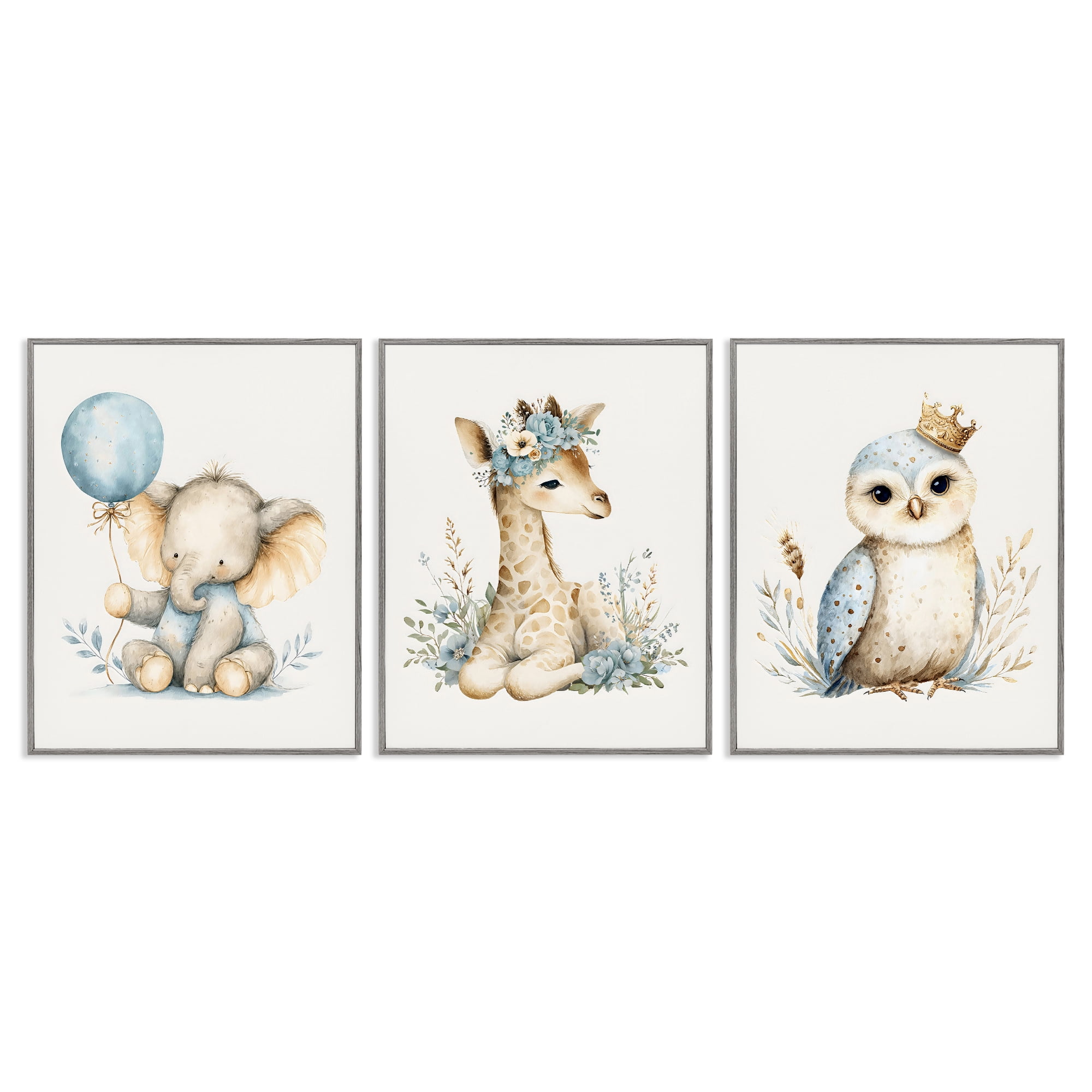Stupell Industries Watercolor Nursery Animals 3 Piece Gray Framed Giclee Art Set, design by LSR Design Studio