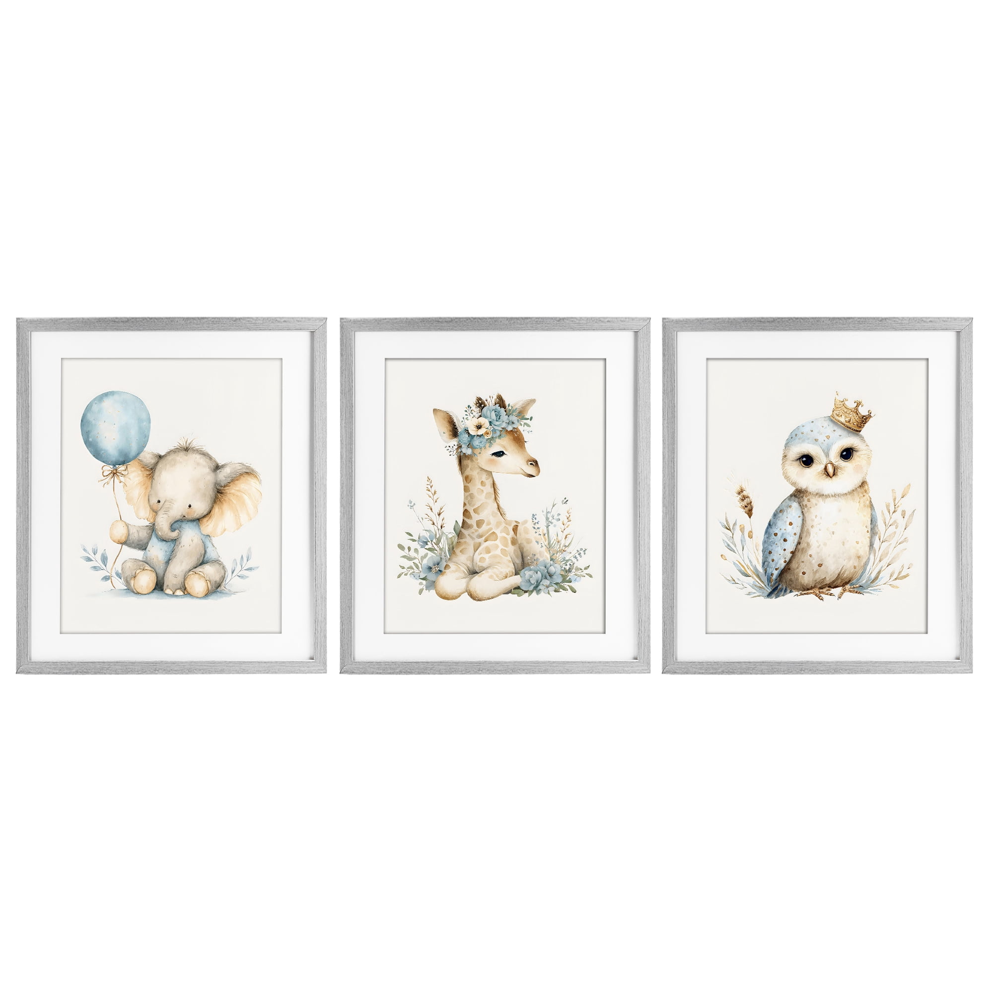 Stupell Industries Watercolor Nursery Animals 3 Piece Gray Framed Print Under Glass Set, design by LSR Design Studio