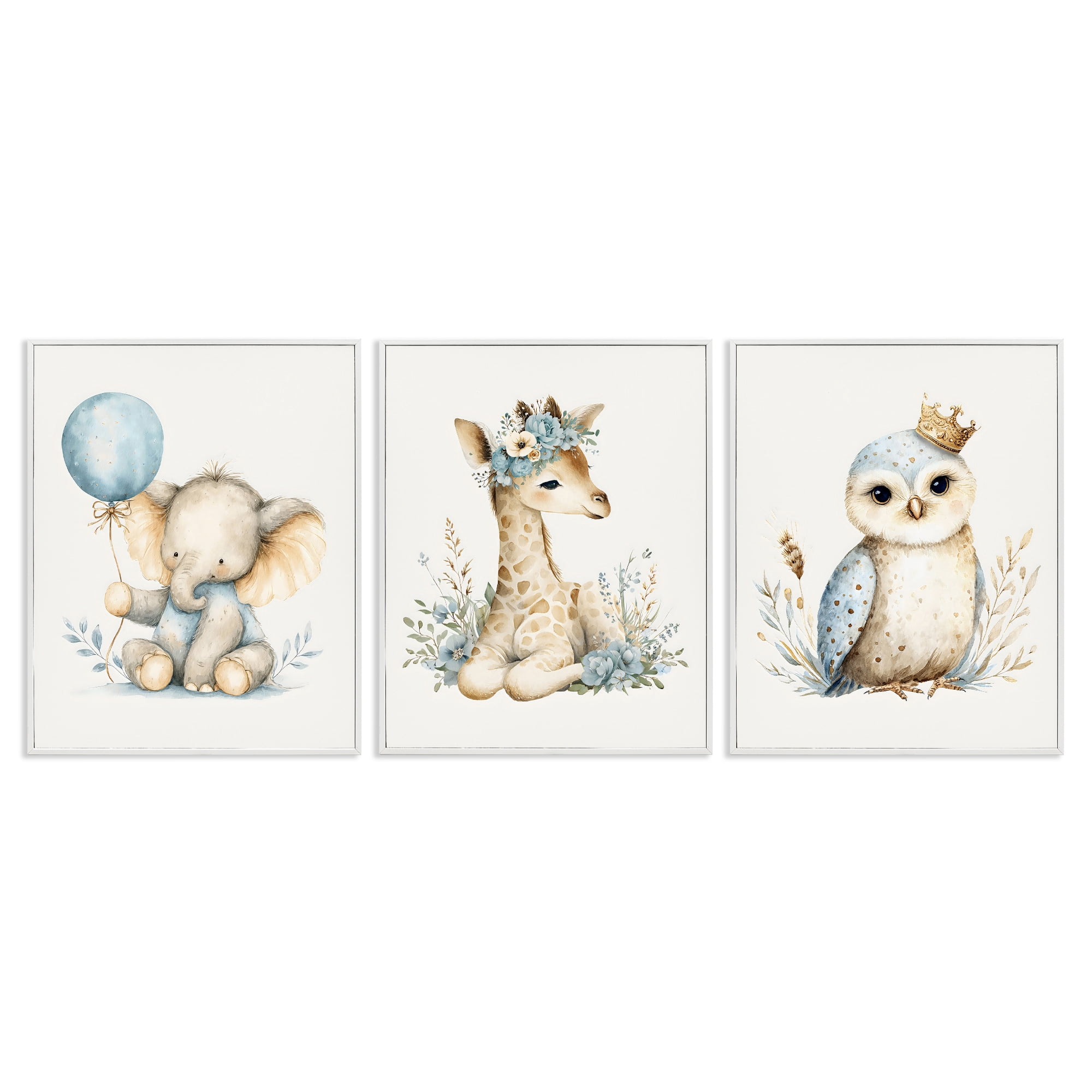 Stupell Industries Watercolor Nursery Animals 3 Piece White Framed Giclee Art Set, design by LSR Design Studio