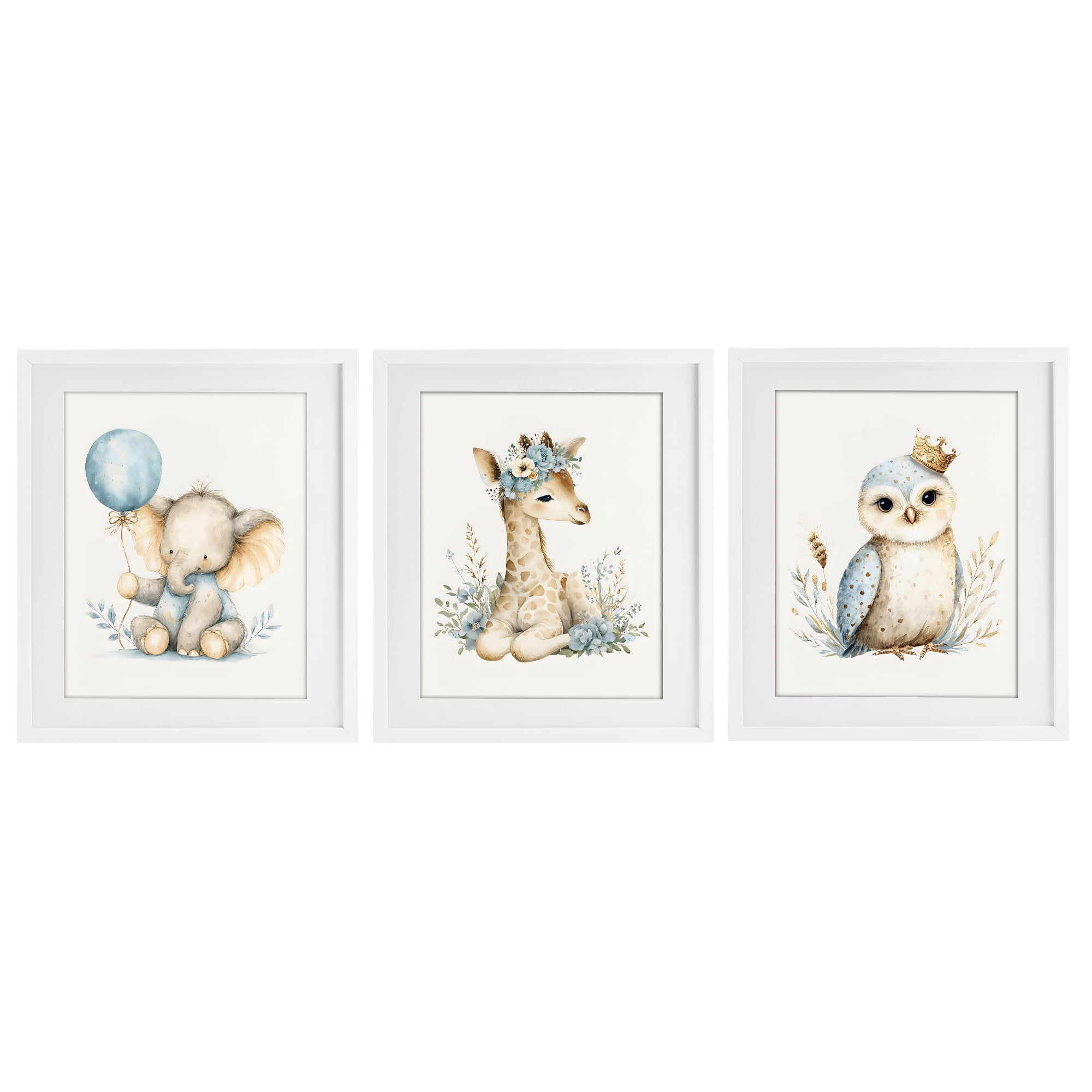 Stupell Industries Watercolor Nursery Animals 3 Piece White Framed Print Under Glass Set, design by LSR Design Studio
