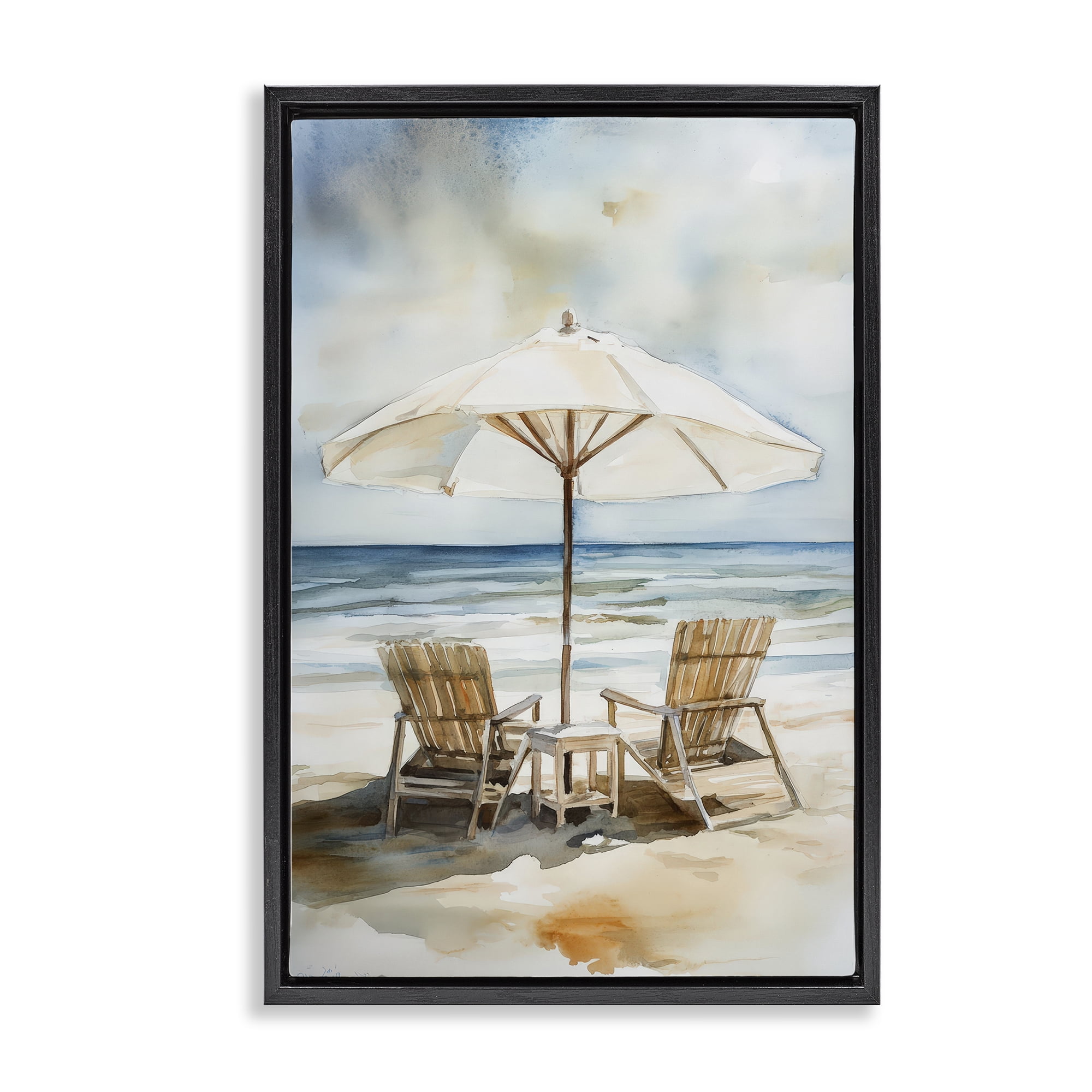 Stupell Industries Watercolor Paradise Beach Scene Black Framed Floater Canvas Wall Art, design by Petal Prints Design