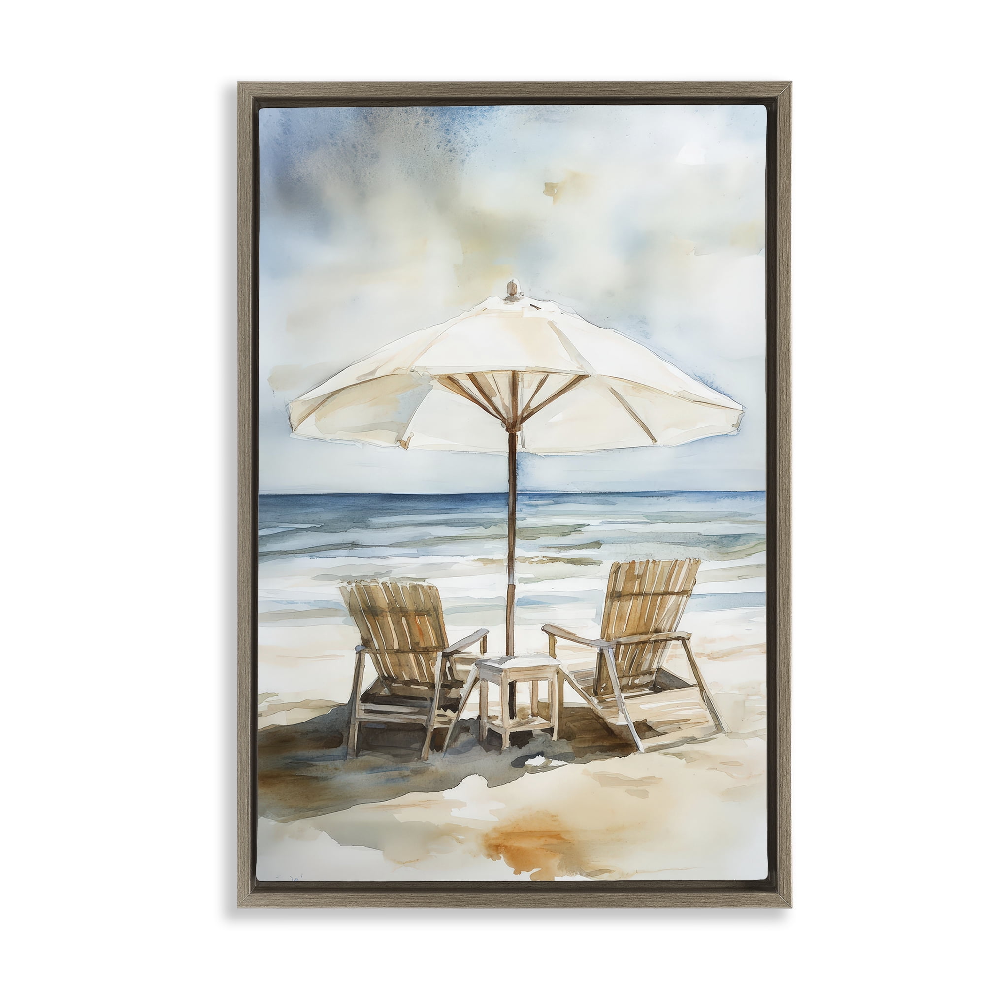Stupell Industries Watercolor Paradise Beach Scene Brown Framed Floater Canvas Wall Art, design by Petal Prints Design